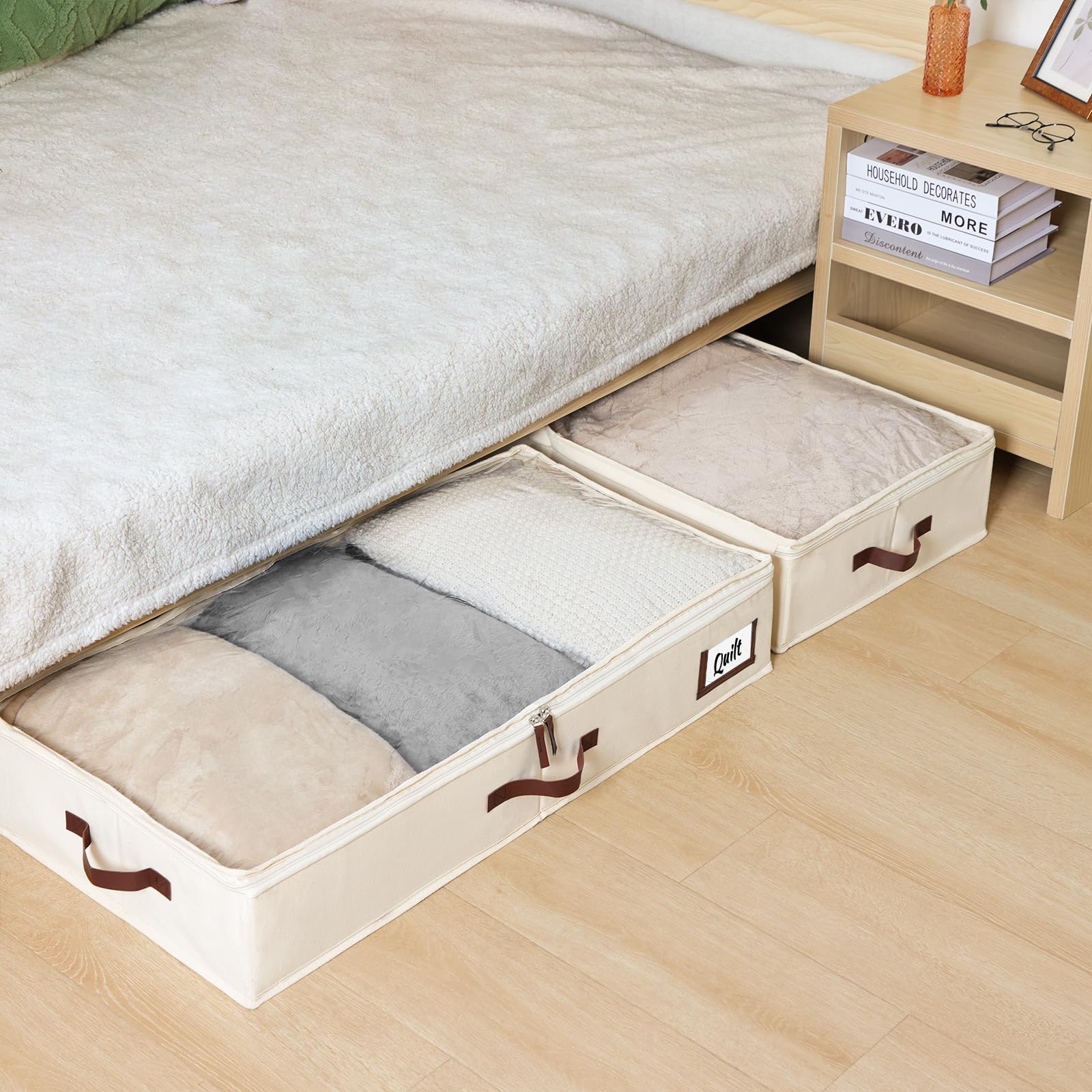 Fixwal Under-Bed Storage Box 3 Pack - 52L Blanket & Clothes Organizer with Sturdy Structure & Ultra Thick Fabric - Space Saving Bedroom Storage Solution (Ivory White) - Perfect for Seasonal Clothing, Bedding, and Home Organization