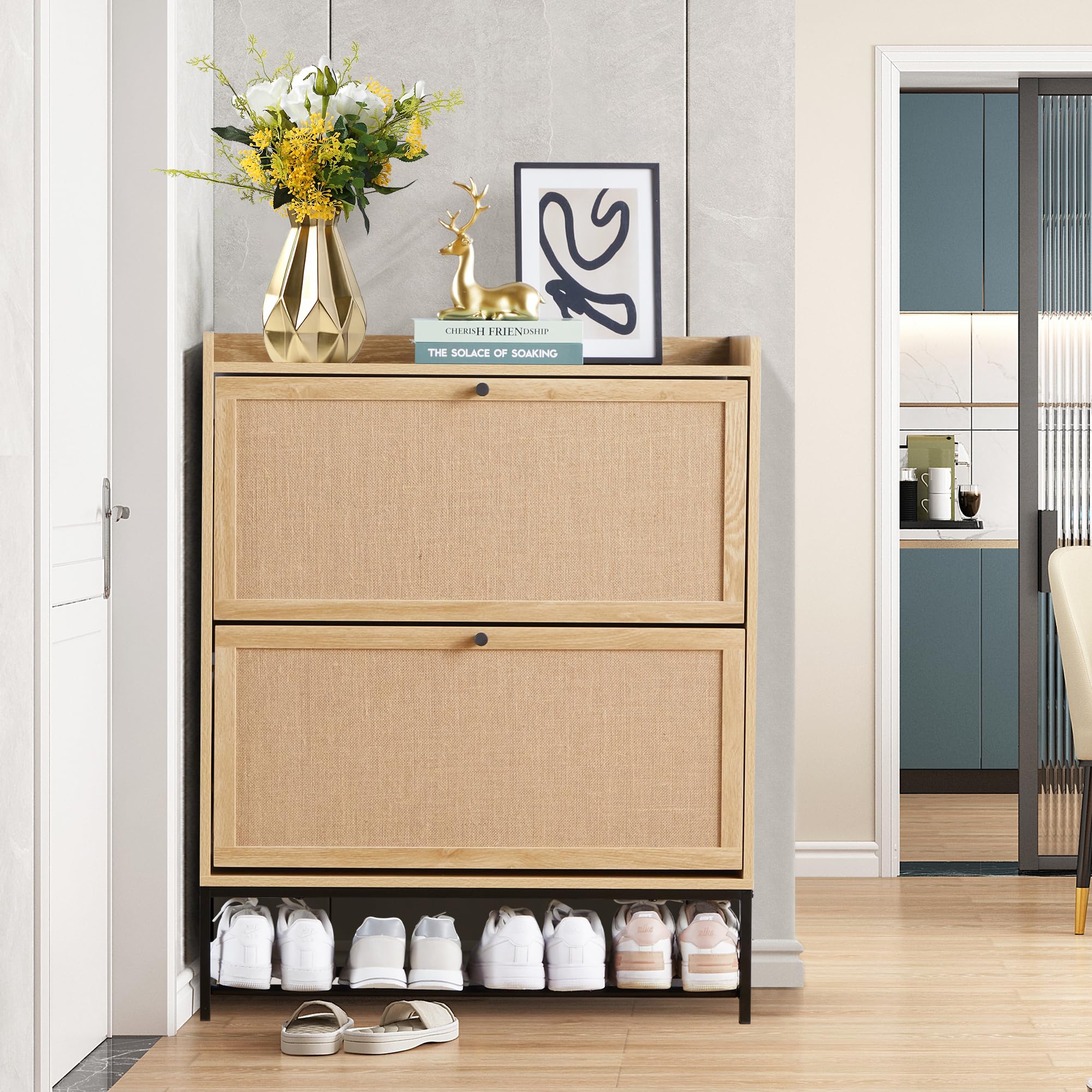 LEVNARY Wooden Shoe Storage Cabinet with 2 Flip Drawers - Narrow Freestanding Shoe Rack Organizer for Entryway & Hallway - Natural Oak Finish with Sturdy Metal Legs - Perfect for Small Spaces, Apartment Living & Closet Organization