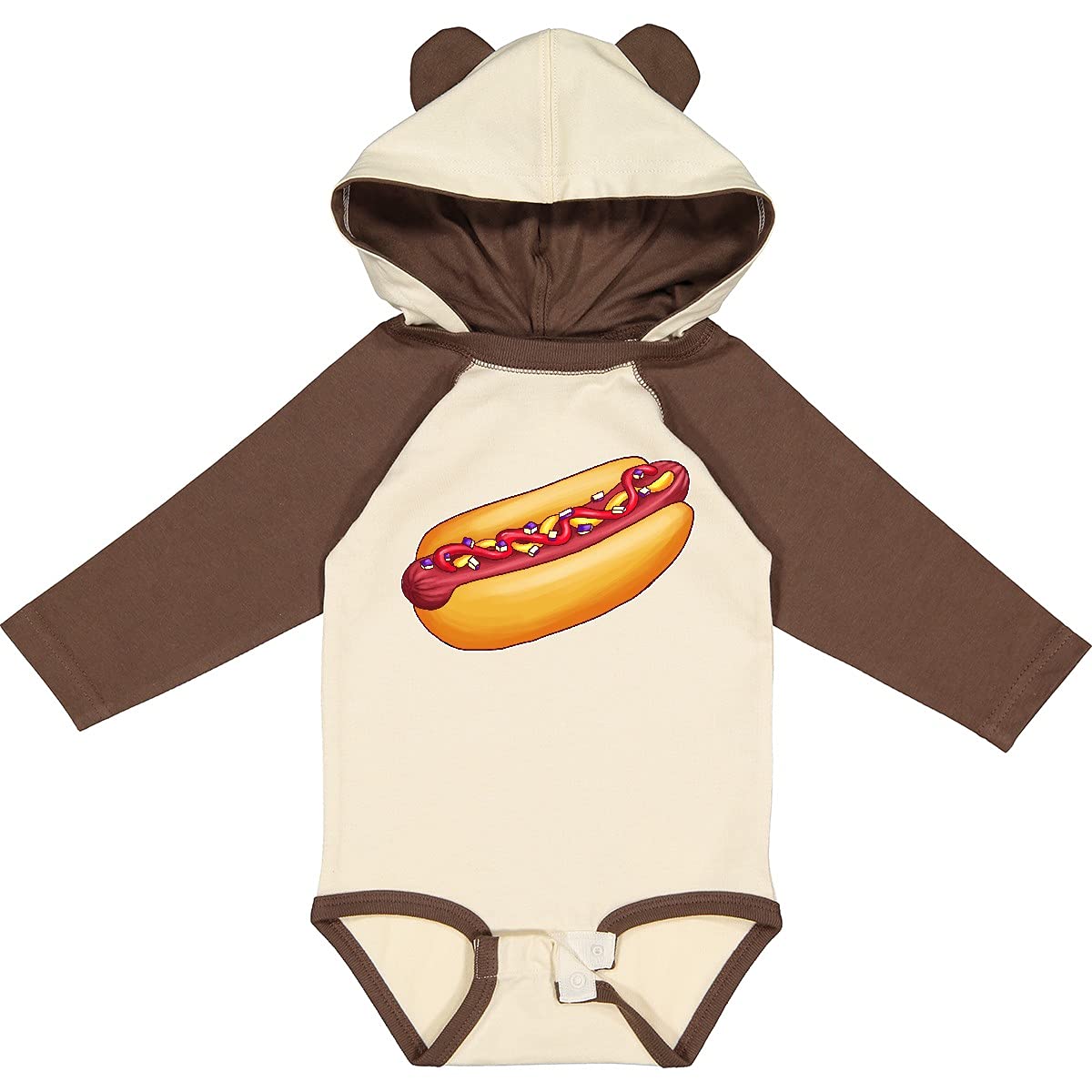 Inktastic Hot Dog Graphic Tee - Long Sleeve Creeper with Mustard & Onions Design - Cute Baby Bodysuit for Playdates, Family Photos & Casual Outings