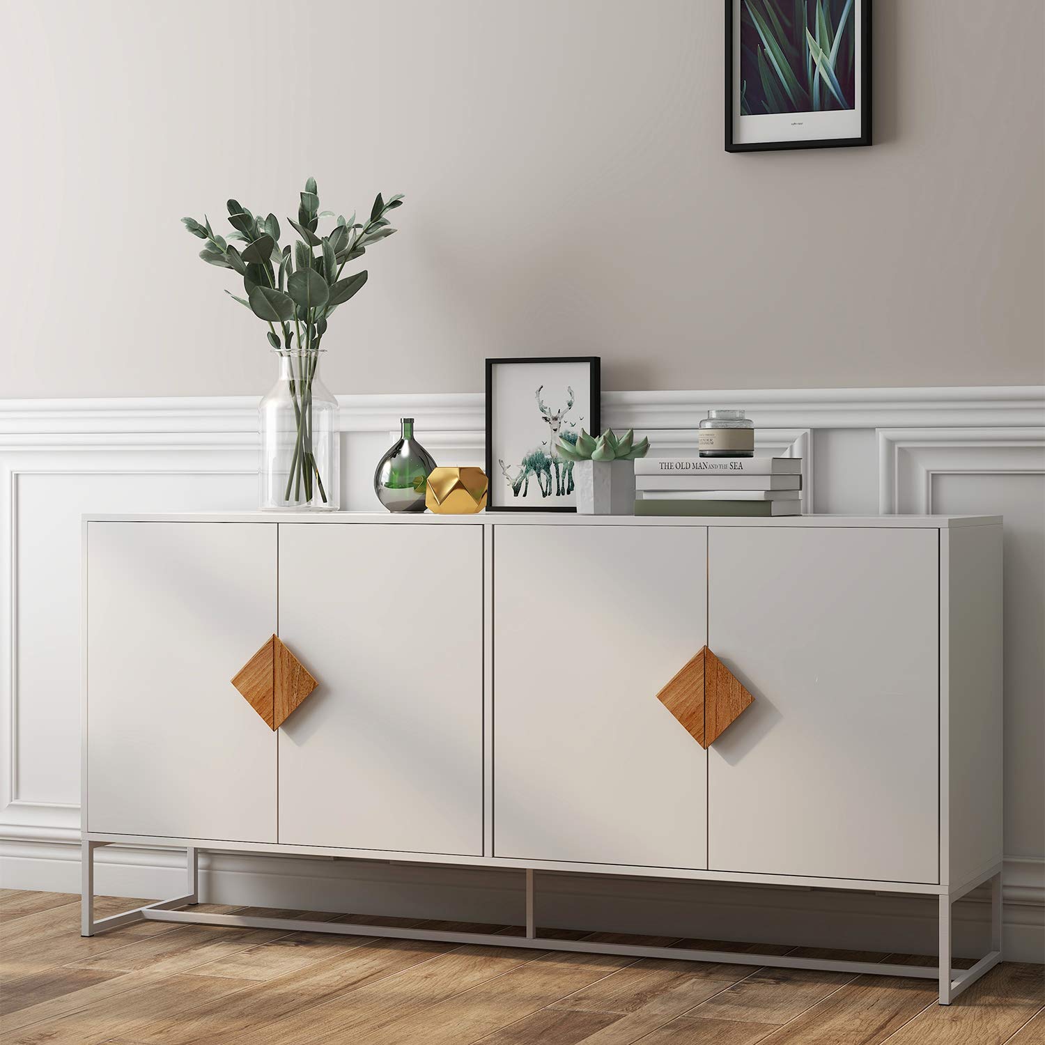 Modern White 4-Door Buffet Cabinet - Kitchen Storage Sideboard with Adjustable Shelves | Perfect for Dining Room, Living Room & Home Office Organization