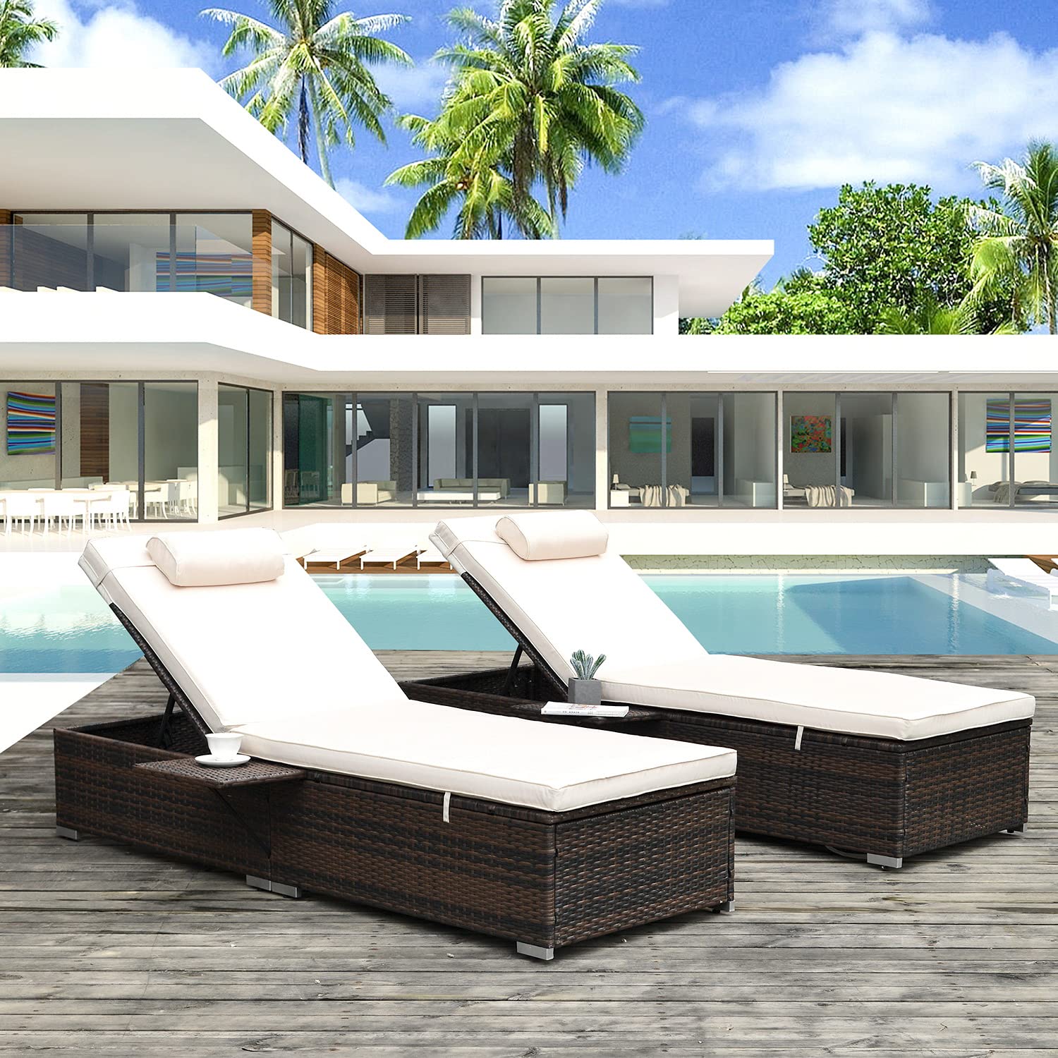 OUYESSIR 2-Piece Wicker Patio Lounge Chair Set with Adjustable Backrest & Cup Holder - Outdoor Sun Lounger for Pool, Beach, Backyard, Garden - Comfortable Relaxation Furniture for Tanning, Reading & Lounging (Beige)