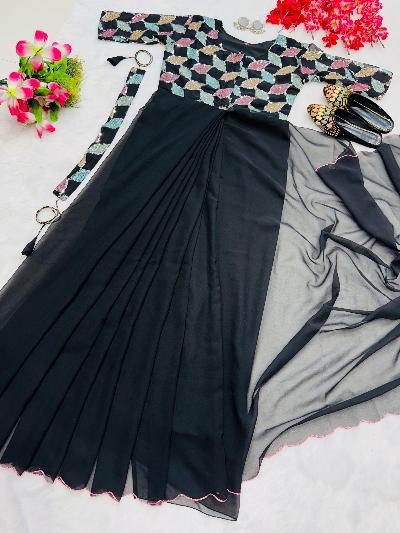Black Georgette Zip & Go 10 Second Saree Gown - Easy Wear Indian Ethnic Dress for Parties, Weddings & Festive Occasions