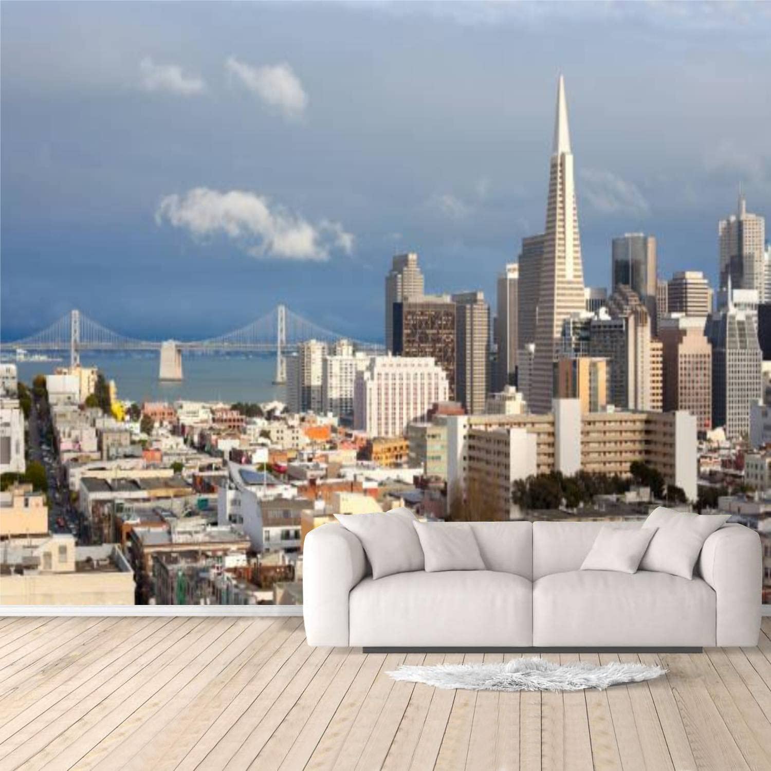 Peel and Stick Wallpaper - San Francisco Cityscape with Oakland Bay Bridge, Self-Adhesive Removable Mural, Large 3D Wall Sticker for Bedroom & Living Room Decor | Perfect for Home, Office, and Rental Spaces
