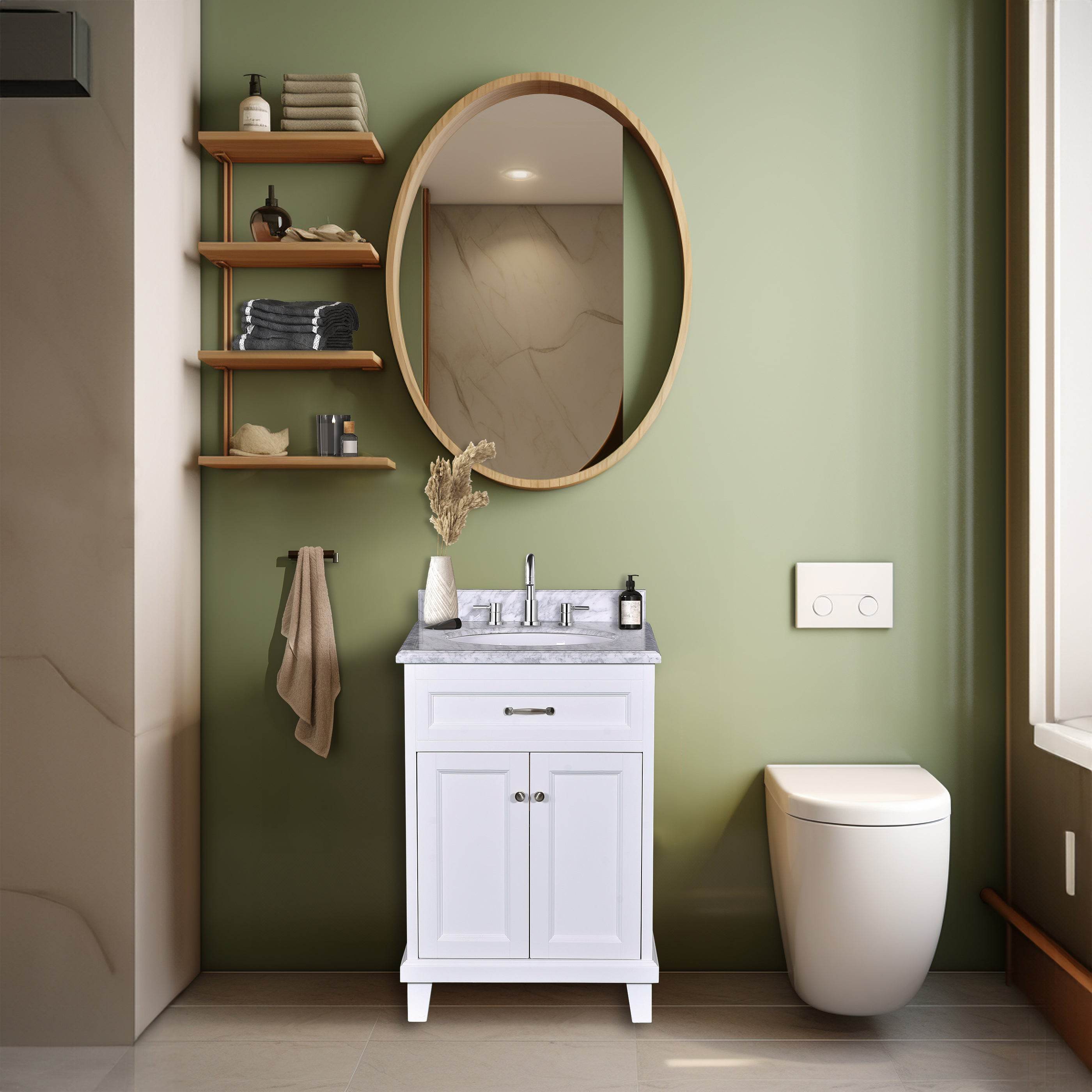 White Bathroom Vanity with Solid Wood Frame & Carrara Marble Top - 3 Size Options for Modern Bathroom Decor | Perfect for Master Bath, Guest Bath & Small Space Remodeling