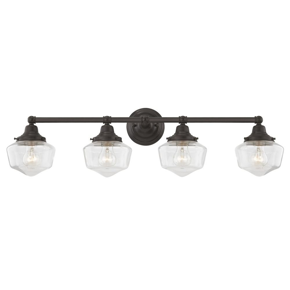 Vintage Clear Glass Schoolhouse Bathroom Light Fixture - Bronze Finish, 4 Lights, 31.625 Inch Length - Perfect for Farmhouse, Cottage & Traditional Bathroom Decor