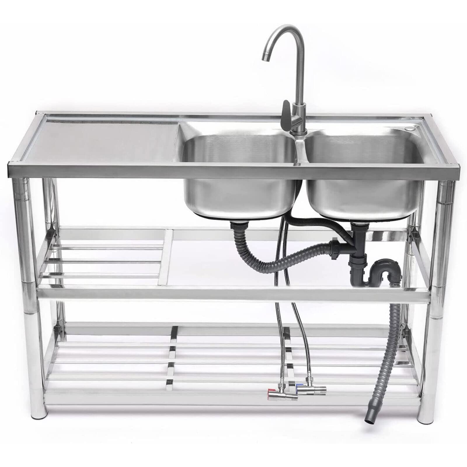Commercial Stainless Steel 2-Compartment Kitchen Sink with Faucet & Drainboards - Silver Indoor Dual Drain Prep Sink for Restaurants, Home Kitchens, Garage & Backyard | Heavy-Duty Utility Sink for Food Prep, Dishwashing & Cleaning