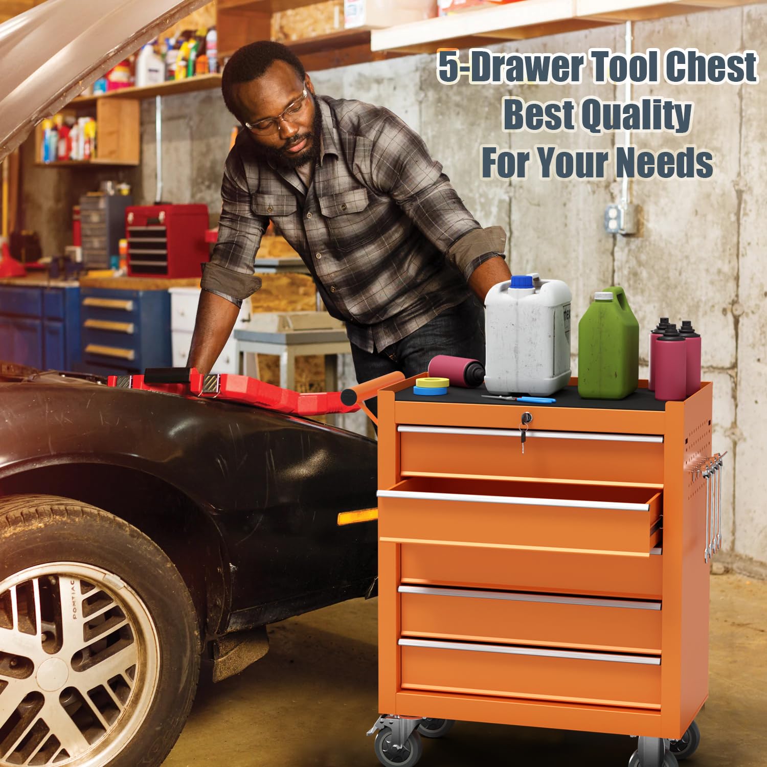 5-Drawer Rolling Tool Chest - Heavy Duty Metal Tool Storage Organizer Cart with Locking System & 4 Swivel Wheels | Multifunctional Mechanic Tool Cart for Garage, Workshop, Auto Repair | Durable Orange Tool Chest for Professional Mechanics & DIY Enthusiasts | Perfect for Organizing Wrenches, Screwdrivers & Power Tools