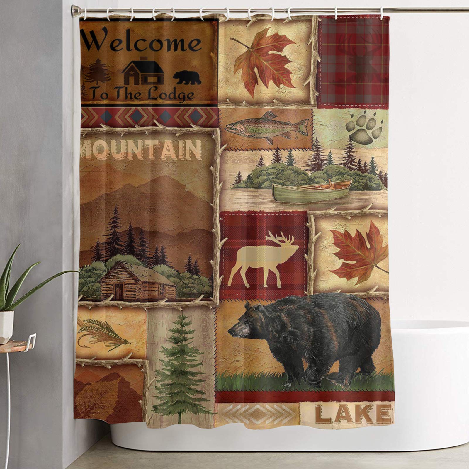 Lodge Bear Moose Waterproof Shower Curtain Set - 72x72 Inch Rustic Bathroom Decor with 12 Hooks, Quick Dry Bath Curtain for Farmhouse & Cabin Style - Perfect for Cozy Cabins, Hunting Lodges and Rustic Bathroom Themes
