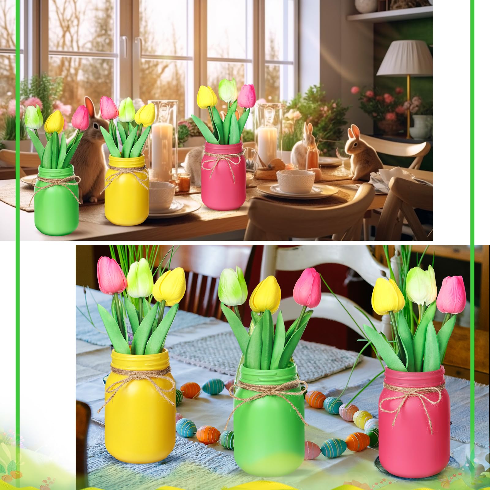 Karenhi 13-Piece Mason Jar Spring Table Decor Set with Artificial Tulip Flowers & Garland - Rustic Farmhouse Centerpiece for Dining Table, Kitchen, Wedding, Party Decorations | Perfect for Easter, Mother's Day & Spring Home Decor