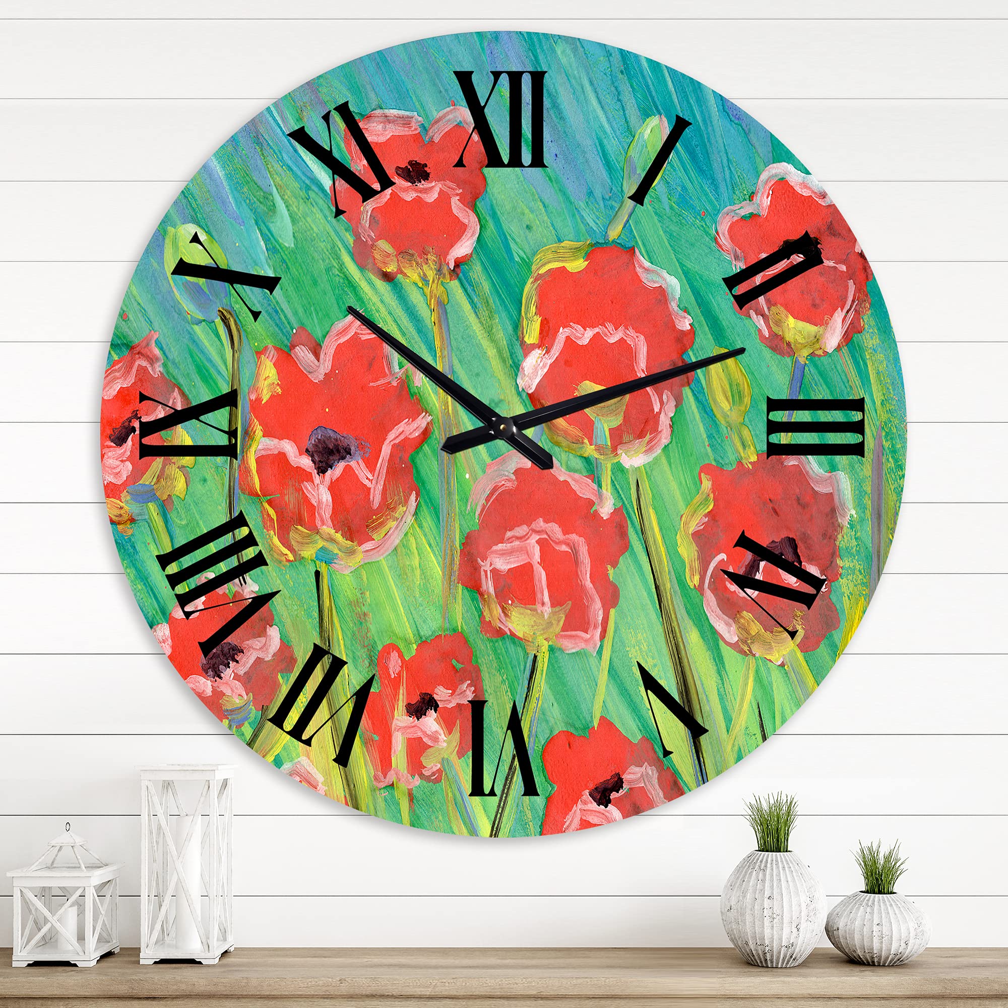 DesignQ Traditional Wall Clock 'Gouache of Blooming Poppies' - Large Floral Botanical Wall Clock for Home, Office & Living Room Decor - Perfect for Vintage & Farmhouse Style Interiors