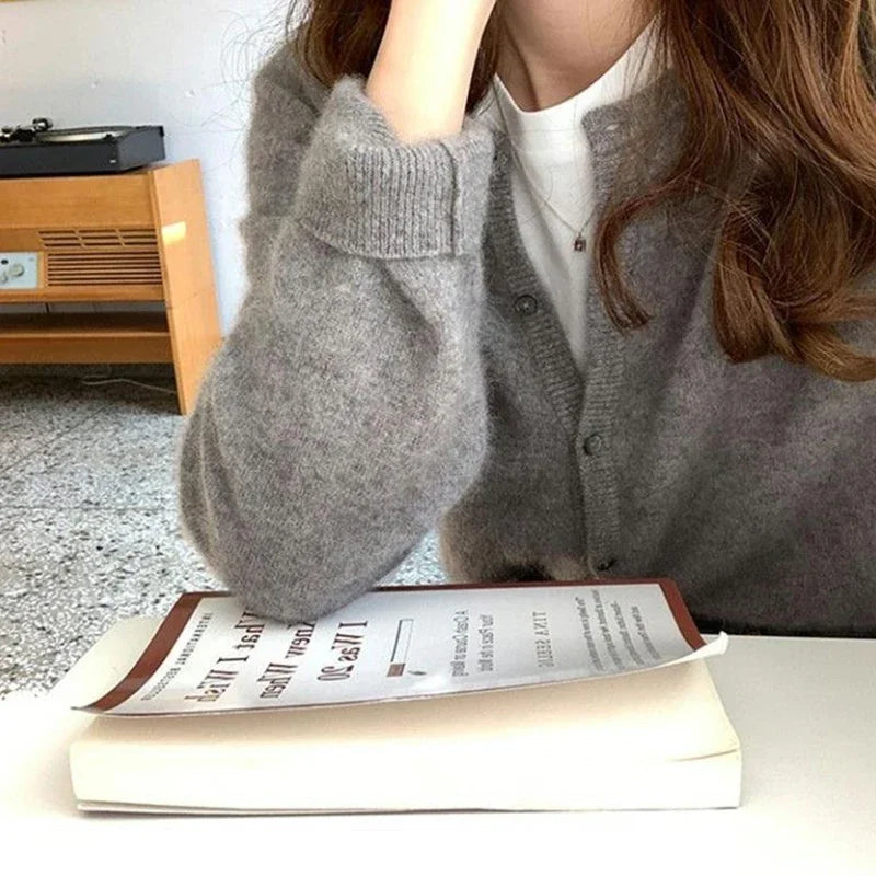 Solid Color Knitted Cardigan Round Neck Sweater for Women - Cozy Casual Pullover for Fall & Winter - Perfect for Office, Dating, and Travel