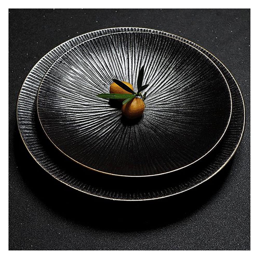 Matte Black Porcelain Dinner Plates with Gold Rim - 2-Piece Round Ceramic Plates Set for Steak, Salad, Pasta & Dessert | Elegant Tableware for Fine Dining, Restaurants & Home Entertaining