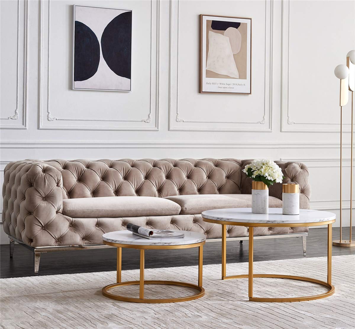 Modern Round Nesting Coffee Tables Set of 2 - Wooden Desktop with Marble Texture End Tables for Living Room, Solid Metal Frame Side Tables for Small Spaces (Gold/Faux Marble) - Perfect for Apartments, Dorms & Cozy Home Decor