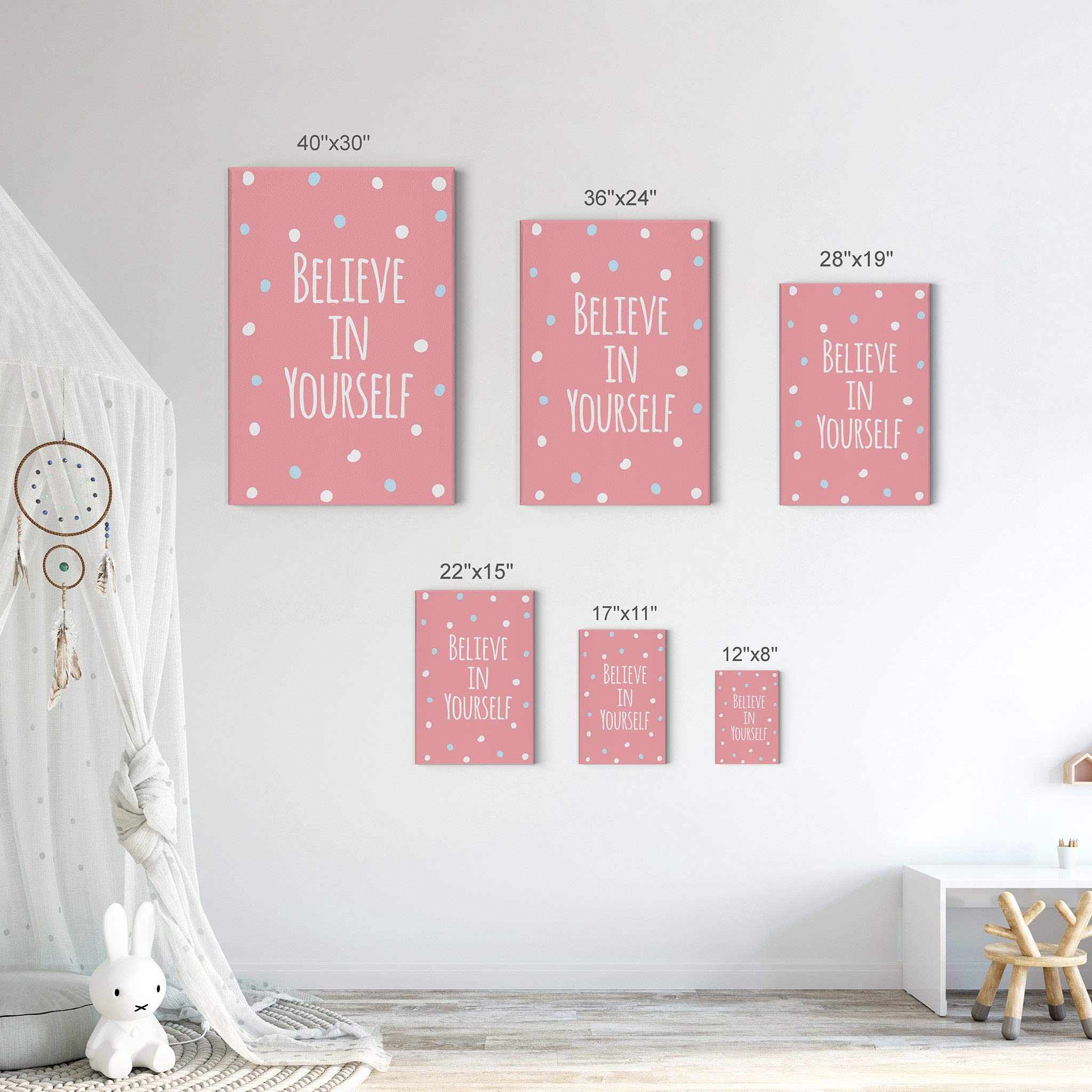 Believe in Yourself Inspirational Wall Art - Pink Lettering Canvas Print for Kids Room, Nursery & Baby Room Decor - Motivational Quote Home Decor - Made in USA (40x30 Inch)