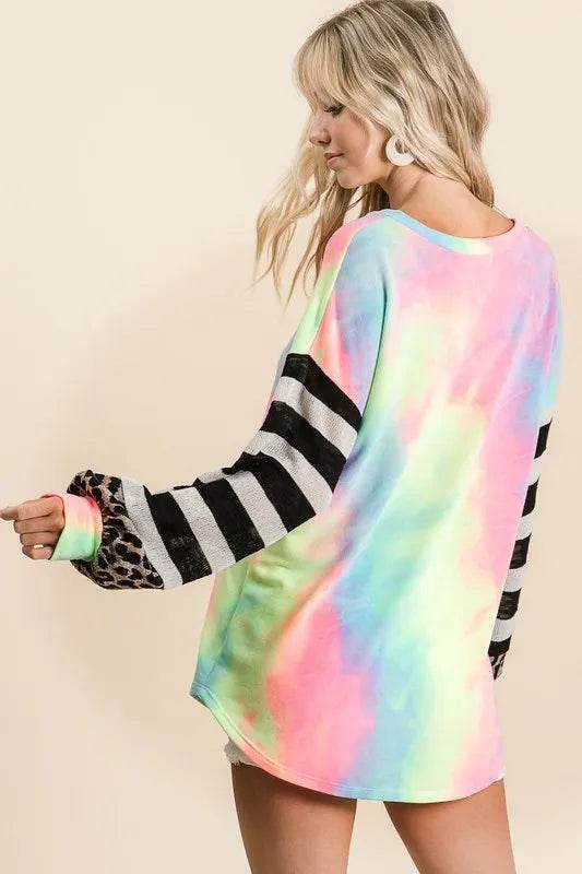 BiBi Tie Dye V-Neck Top with Stripe Puff Sleeves - Women's Boho Chic Blouse for Summer, Beach, and Music Festivals