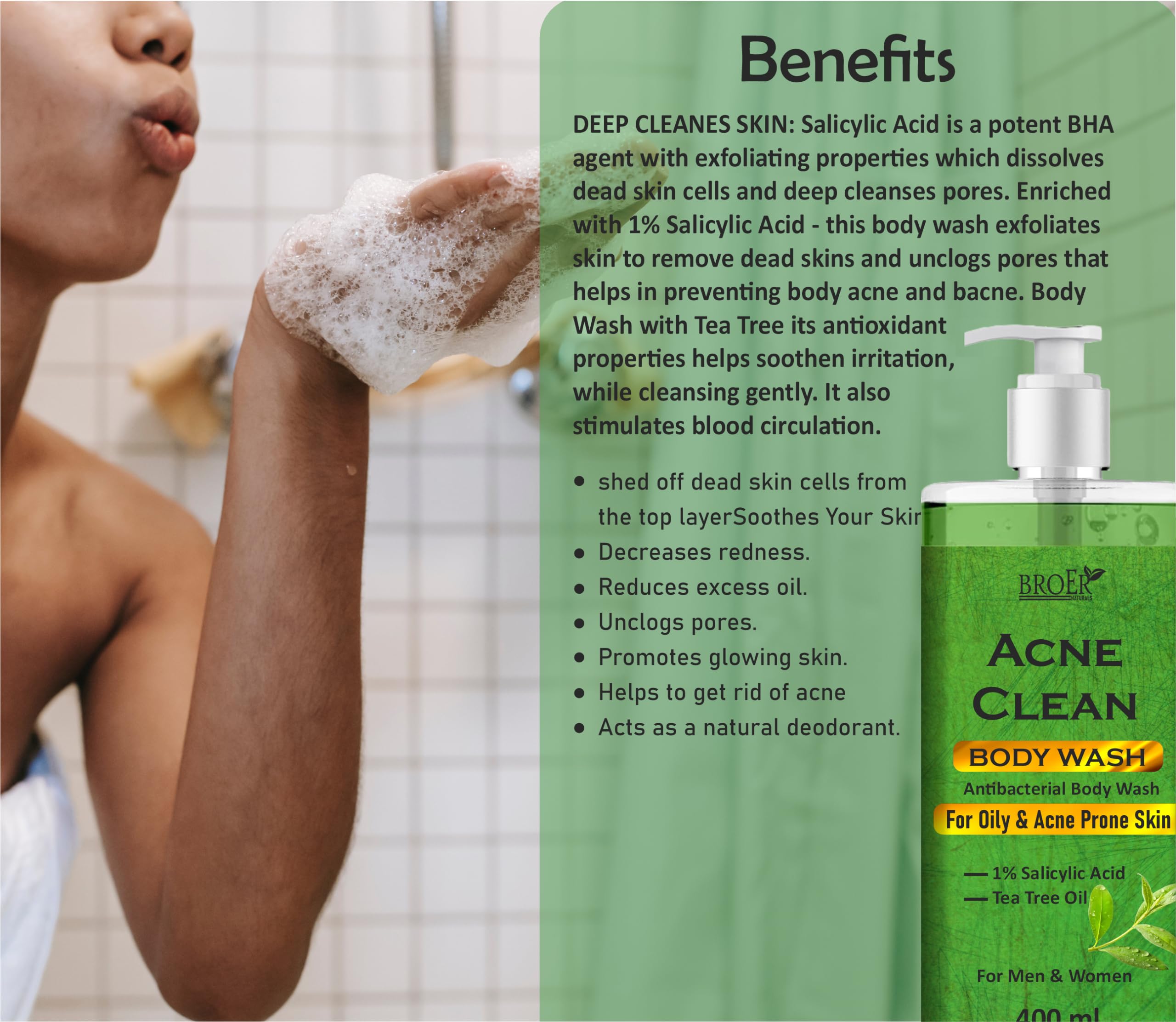 BROER Acne Clean 1% Salicylic Acid Body Wash for Acne-Prone Skin | Paraben & SLS Free Shower Gel | 400ml | Prevents Breakouts & Soothes Irritation | Ideal for Daily Use in Gym, Travel & Sensitive Skin Care
