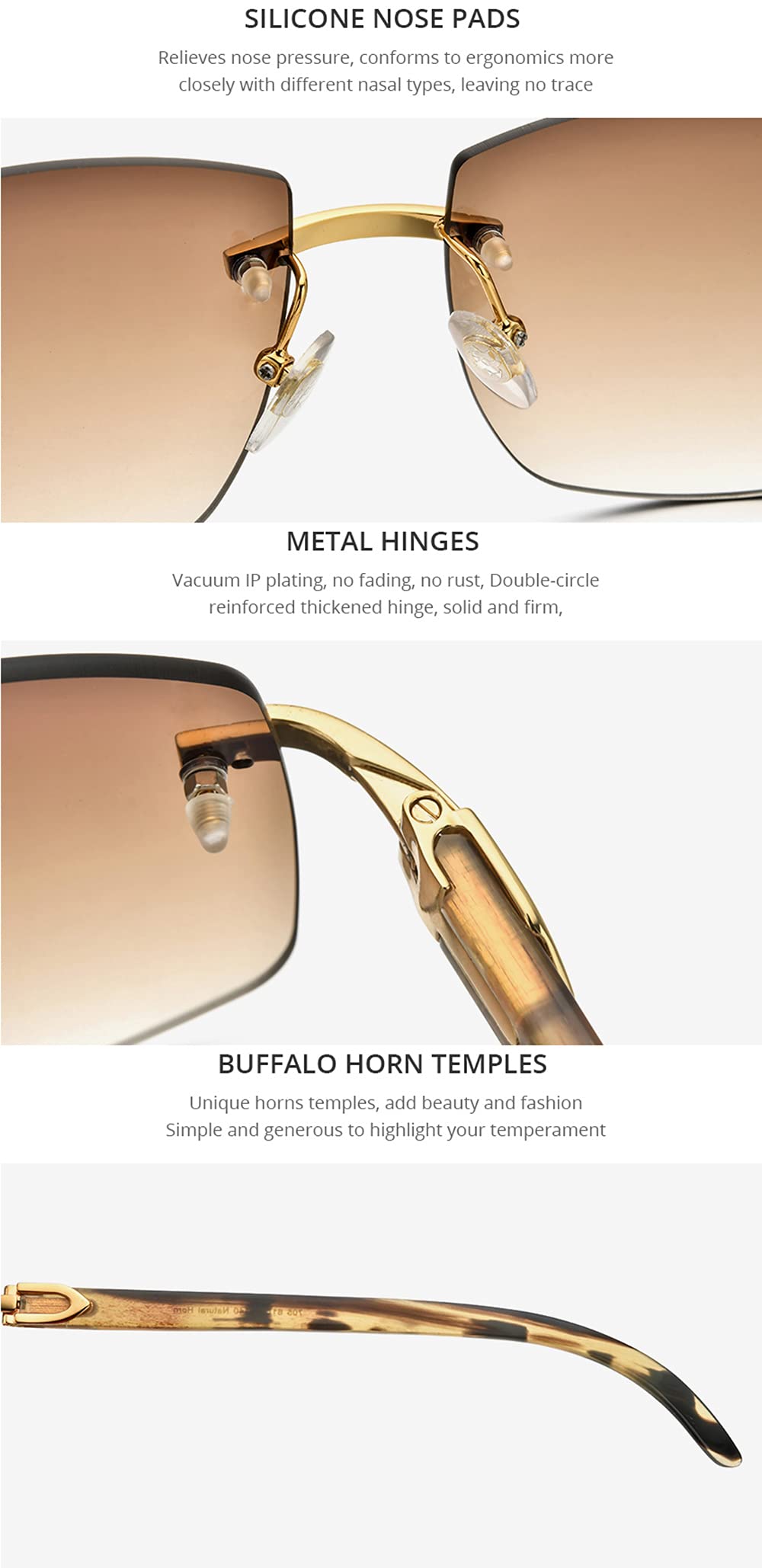 Authentic 100% Buffalo Horn Sunglasses for Men - Rimless Square Frame UV Protection - Stylish & Durable for Outdoor Activities, Driving & Fashion
