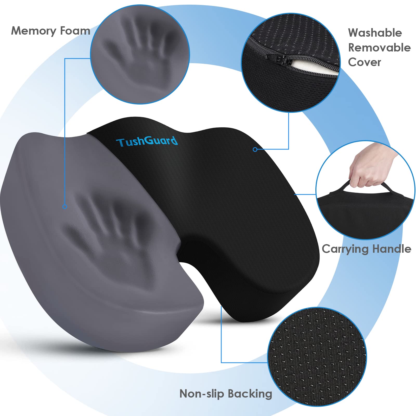 Premium Memory Foam Seat Cushion for Office Chair - Non-Slip Orthopedic Support for Coccyx, Sciatica & Tailbone Pain Relief - Ideal for Desk Work, Car, Wheelchair (Black) - Perfect for Long Sitting & Back Comfort