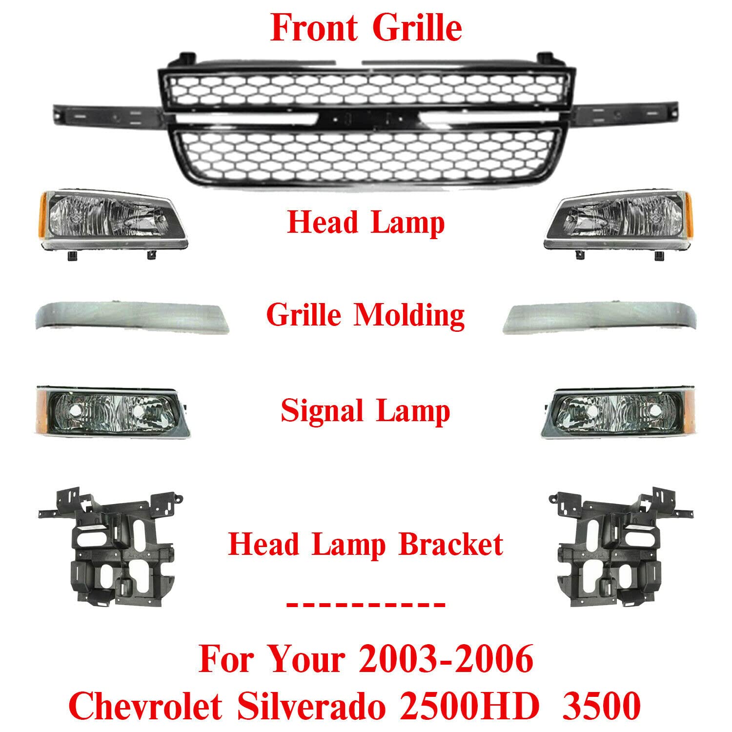 Direct Replacement Front Grille with Chrome Moldings, Signal & Head Lights + Support Brackets for Chevrolet Silverado 2500HD 3500 (2003-2006) - Perfect for Off-Roading & Truck Restoration Projects