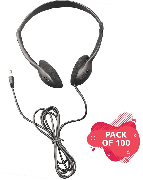 HamiltonBuhl Bulk Personal Economical Headphones - 100 Pack Classroom Headphones for Students, Schools & Libraries - Durable Wired Headphones with 3.5mm Jack for Online Learning & Computer Labs