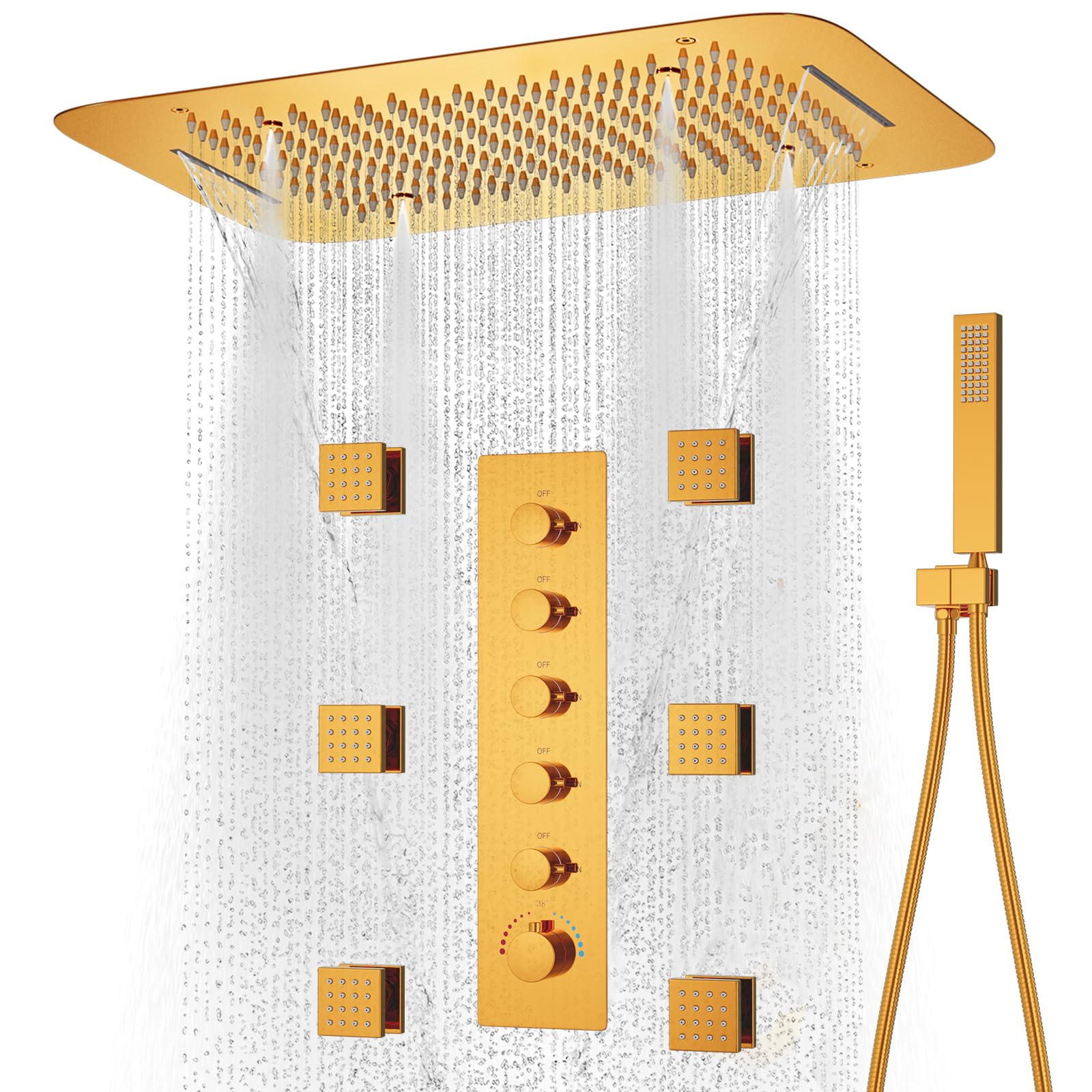 16 X 24 Inch Luxury Thermostatic Shower System - Polished Gold Multi-Function Shower Faucet Set with Body Jets & Ceiling Rain Shower - Perfect for Modern Bathroom Spa Experience & Relaxing Full-Body Wash