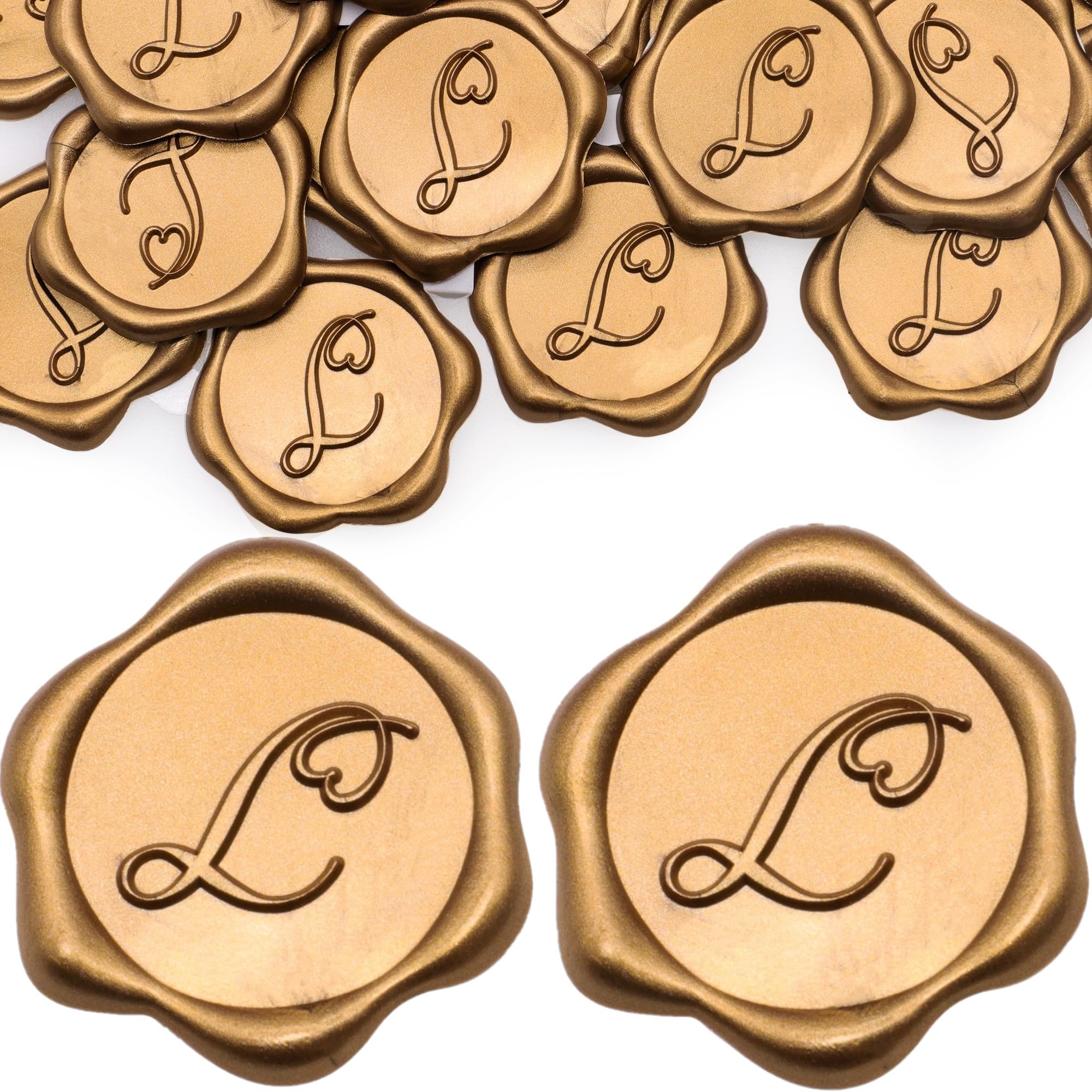 SWANGSA 50 Pack Letter L Wax Seal Stickers - Antique Gold Heart Design Initial Adhesive Wax Stickers for Wedding Invitations, Party Decorations, Envelope Sealing & DIY Crafts