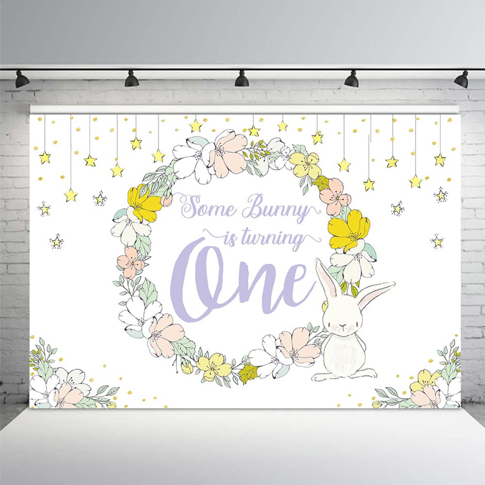 MEHOFOND 7x5ft Spring Girl Bunny Birthday Backdrop - Happy 1st Birthday Easter Rabbit Party Decor with Floral Twinkle Gold Stars - Perfect for Photo Booth Props, Baby Shower & Easter Celebrations