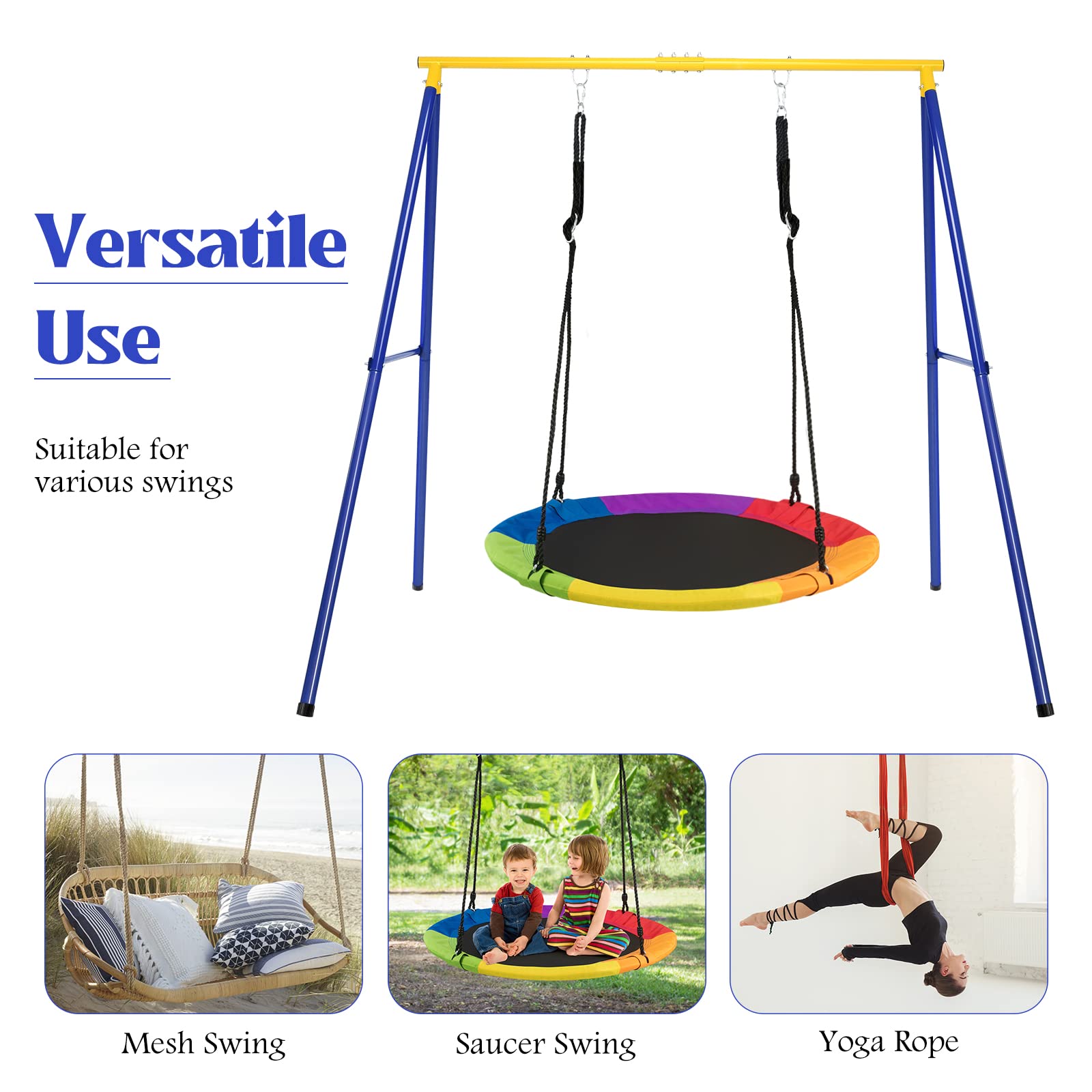 Costzon 550lbs Heavy Duty A-Frame Swing Set Stand with 40'' Saucer Swing - Adjustable Ropes & Ground Stakes for Backyard, Indoor Outdoor Kids Play - Perfect for Gardens, Parks, and Playgrounds