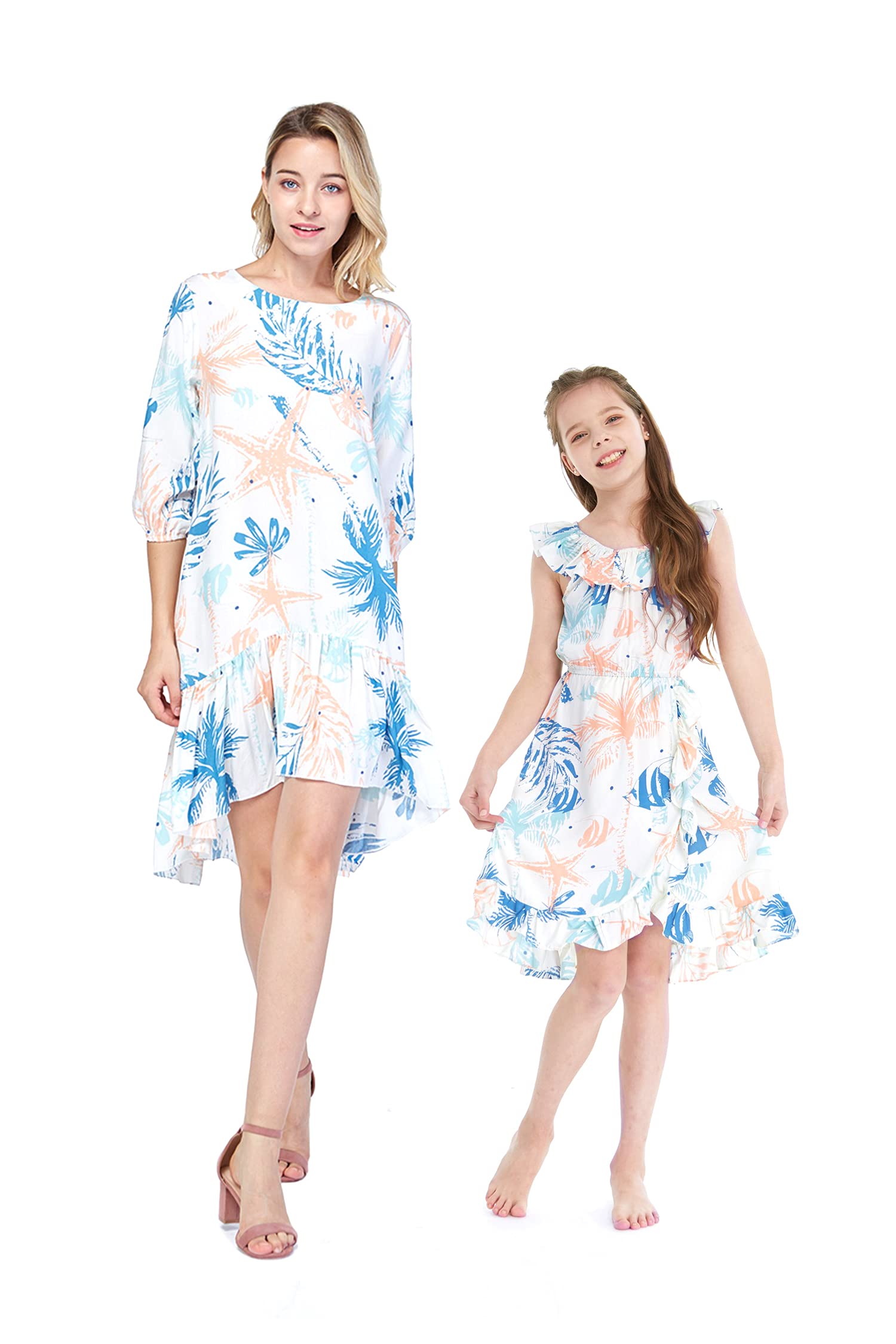 Hawaiian Luau Mother Daughter Matching Dresses - 3/4 Sleeve Ruffle Wrap Dress for Women & Girls in Sandy Beach White | Beach Party, Family Reunion, Summer Vacation Outfits
