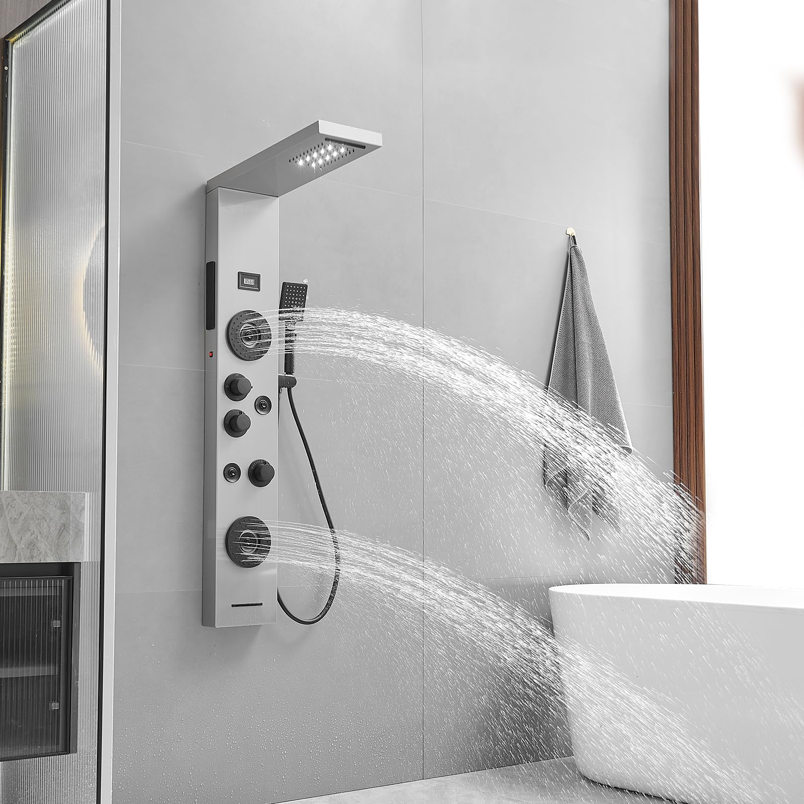 BWE Stainless Steel Shower Panel Tower System with LED Rainfall Shower Head - 4 Massage Jets, 3-Function Handheld Shower & Waterfall Tub Spout - Wall Mounted Shower Panel with Temperature Display - Perfect for Luxury Bathroom Renovation & Spa-Like Shower Experience