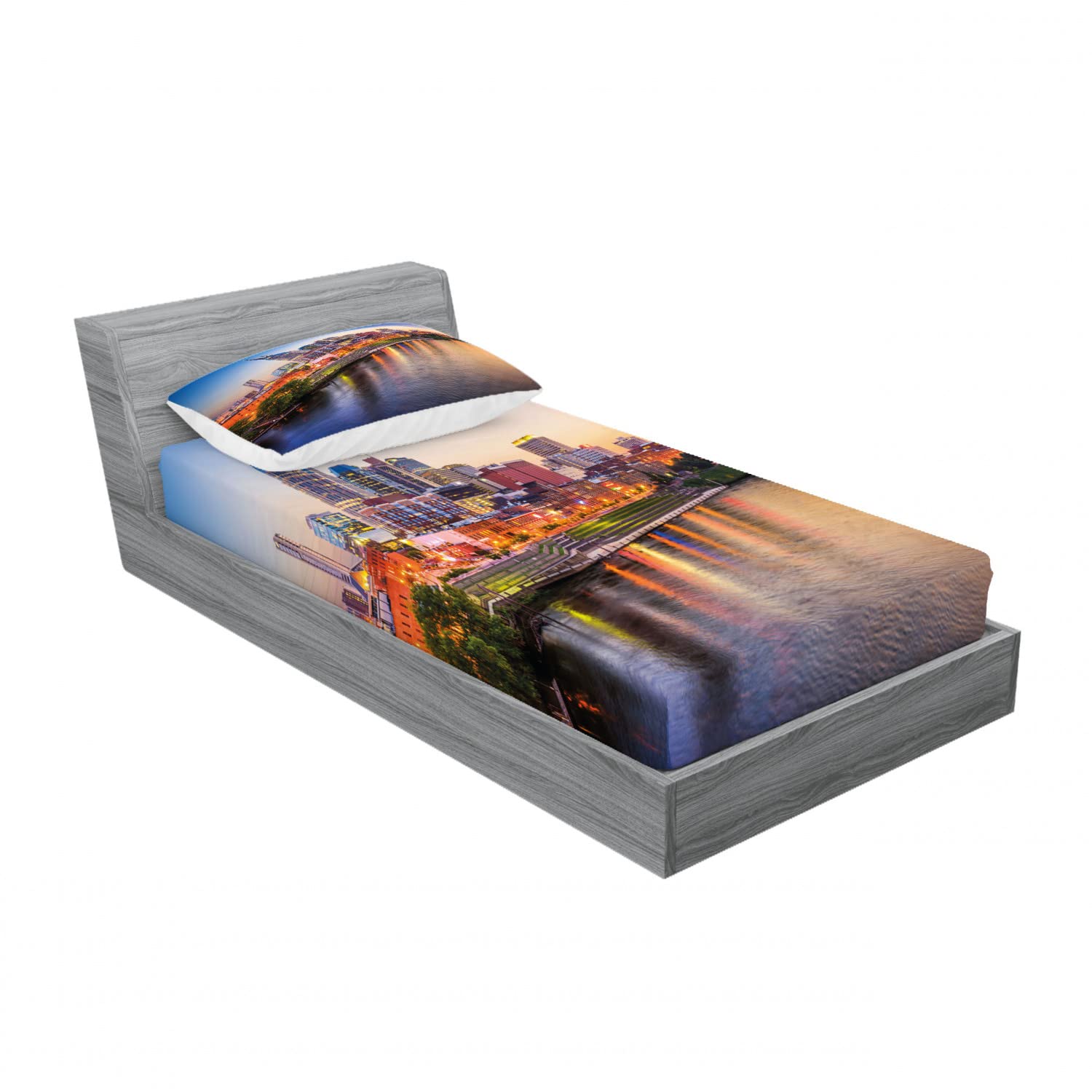 Ambesonne 2-Pack Twin Fitted Sheet & Pillow Sham Set - Cumberland River Design, 4-Piece Bedding Decor for Kids & Teens - Soft Wrinkle-Resistant Fabric - Perfect for Dorms, Guest Rooms & Cozy Bedrooms