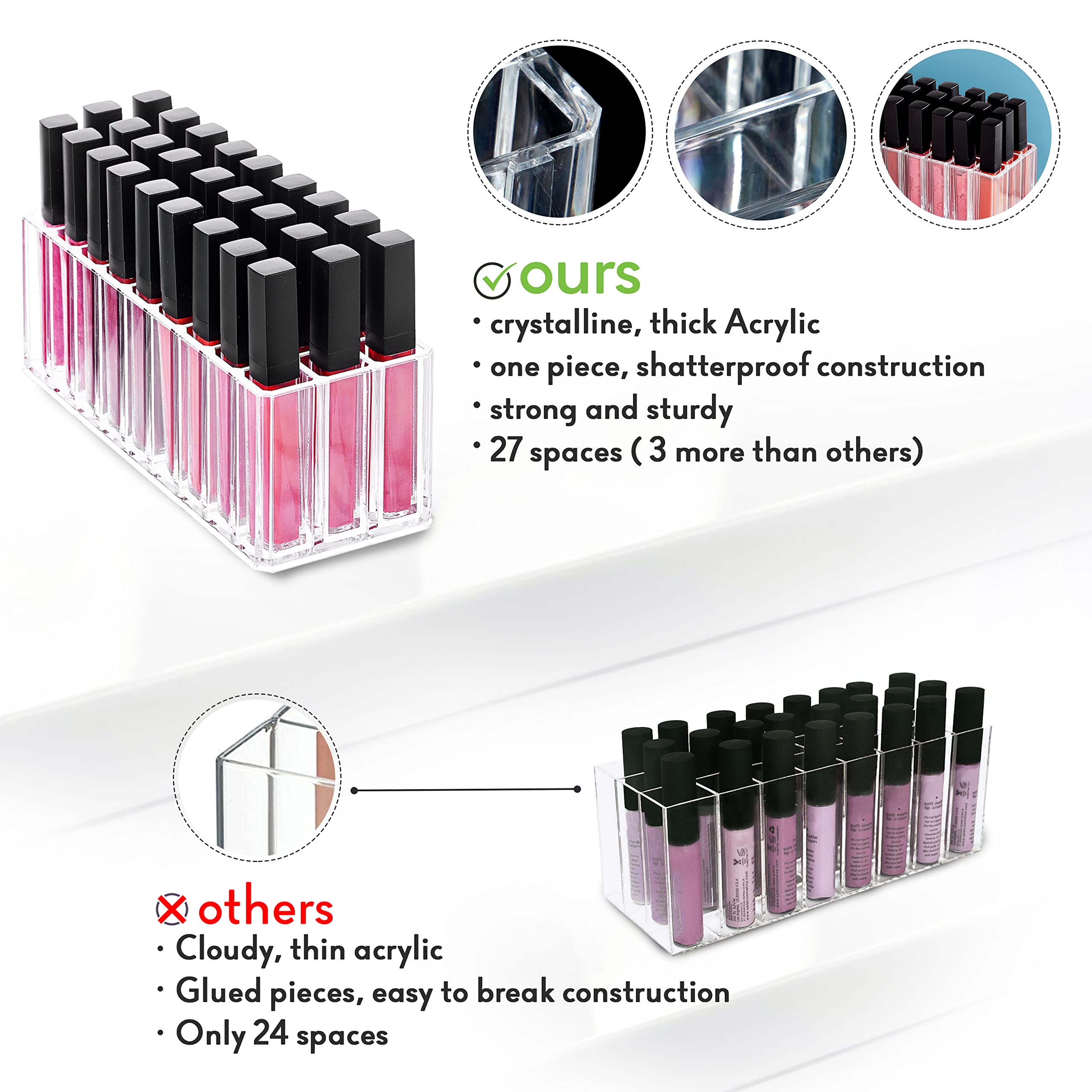 FAJ Acrylic Makeup Organizer - 27-Slot Eyeshadow Palette & Lipgloss Holder for Vanity, Drawer Storage, and Countertop Display | Perfect for Cosmetic Collection Organization and Beauty Salon Use