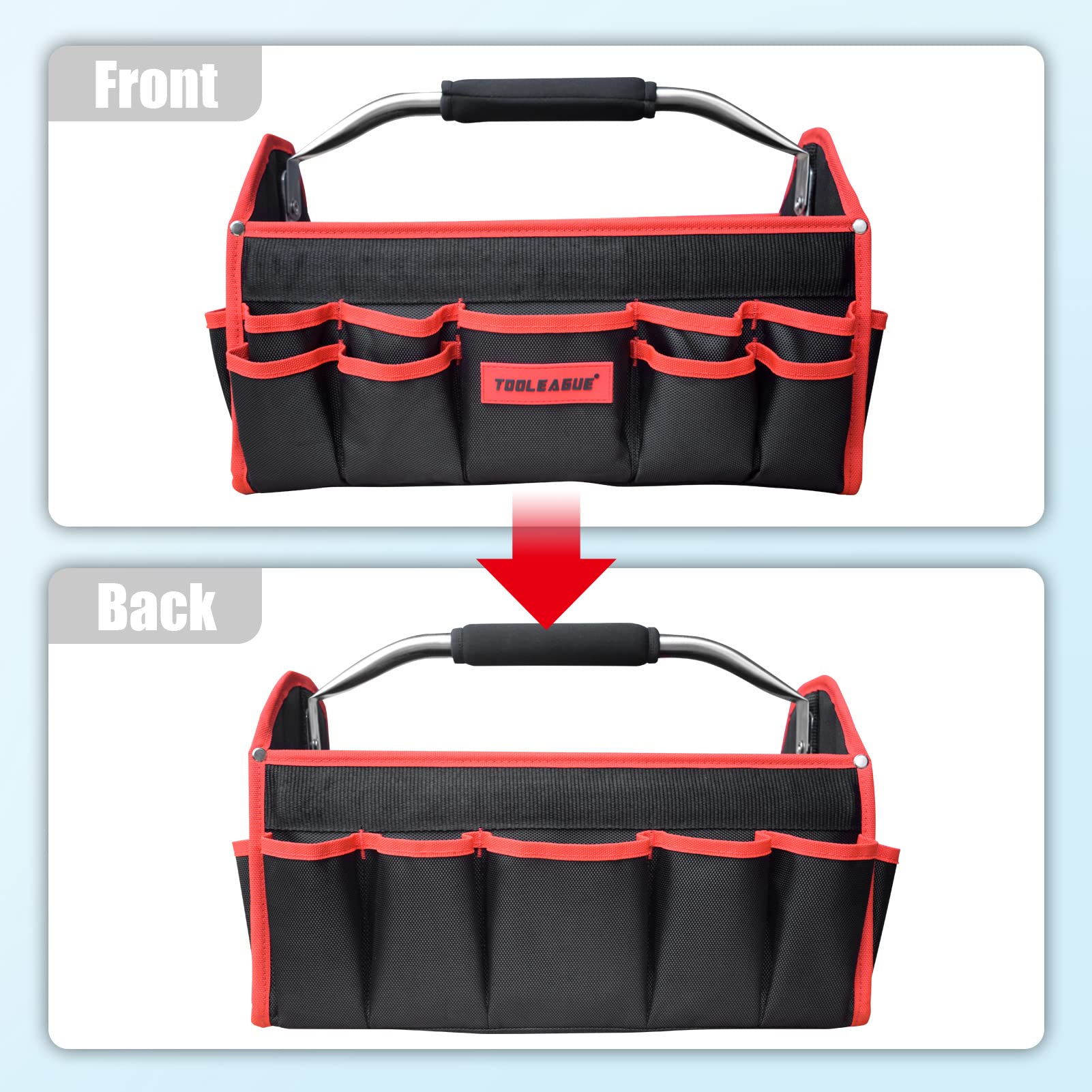 TOOLEAGUE 16 Inch Heavy Duty Open Top Tool Tote Bag with 25 Pockets - 1680D Reinforced Material Electrician Tool Organizer with Steel Handle & Adjustable Shoulder Strap - Perfect for Construction, Plumbing, HVAC and DIY Home Improvement Projects