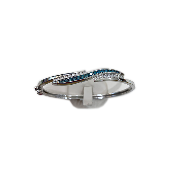 14K White Gold Blue Diamond Bangle Bracelet for Women - Elegant Stackable Jewelry Gift for Anniversary, Wedding & Special Occasions