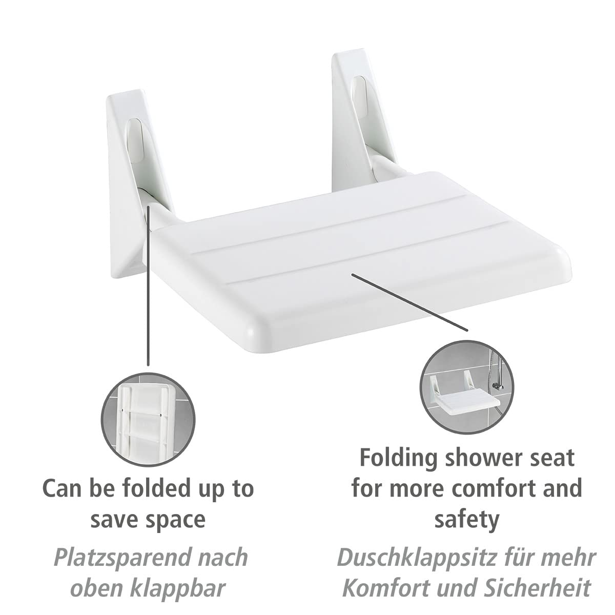 WENKO 179371100 White Shower Seat - 35 x 19 x 36 Inches - Non-Slip Bath Seat for Elderly & Disabled - Foldable Shower Chair for Small Spaces - Perfect for Bathroom Safety & Comfort