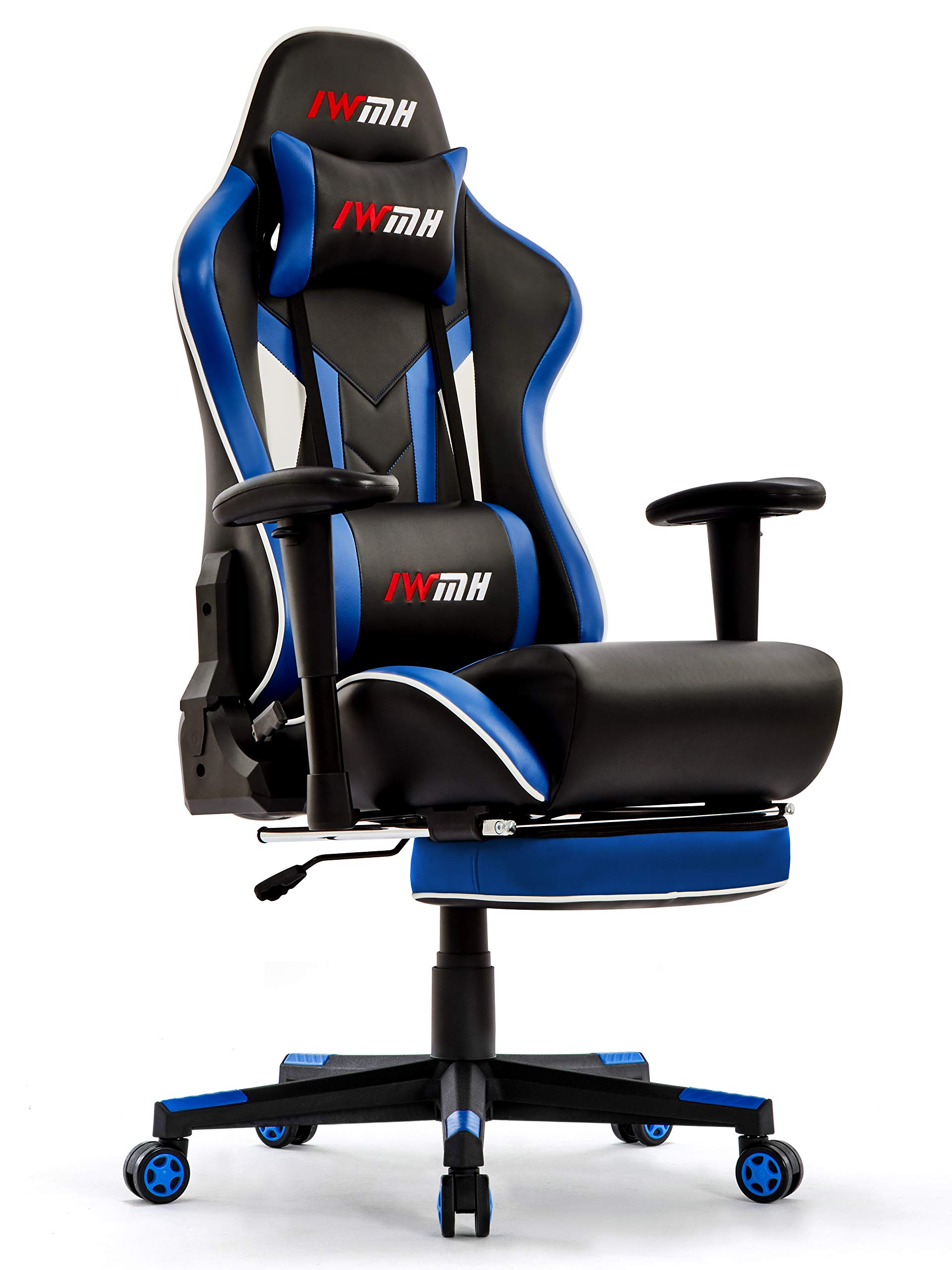 IWMH Ergonomic Gaming Chair - High Back Racing Office Chair with Adjustable Footrest, Reclining Function, Headrest & Lumbar Support - Blue Leather Computer Desk Chair for Gamers, Streaming & Home Office Work