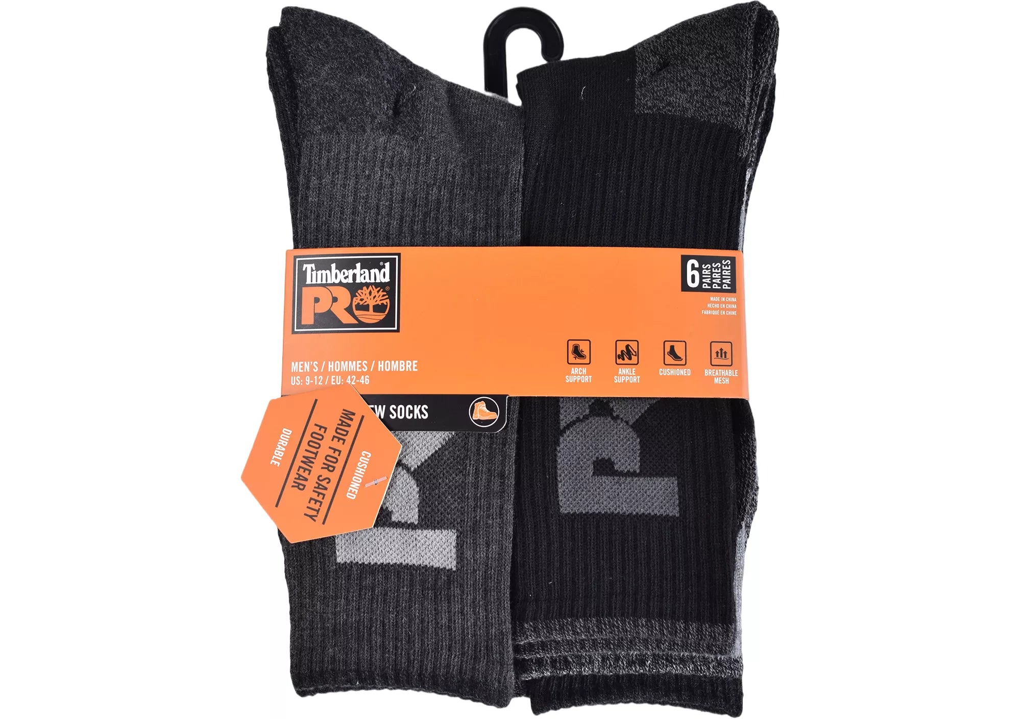 Timberland PRO Men's 6-Pack Cushion Crew Socks with Tipped Logo - Comfortable Work & Hiking Socks for All-Day Wear