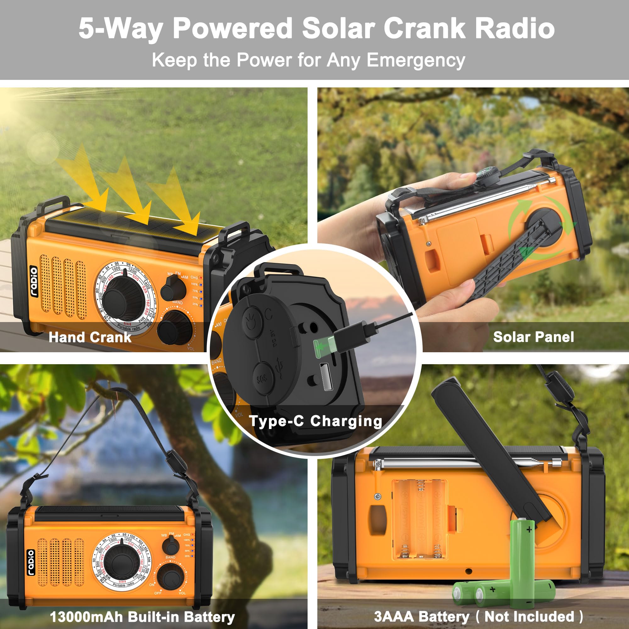 48100mWh Emergency Crank Weather Radio - 5-Way Powered Solar Hand Crank NOAA/AM/FM Portable Radio with Flashlight, Reading Lamp, Phone Charger, SOS & Compass - Perfect for Hurricane Preparedness, Storm Survival, Camping & Outdoor Adventures