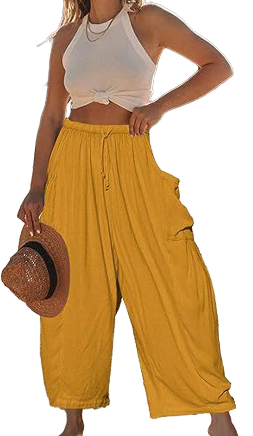 Boho Wide Leg Palazzo Pants for Women - Casual Drawstring Lounge Pants with Flowy Gauze Fabric - Perfect for Beach, Summer Vacation & Boho Chic Outfits