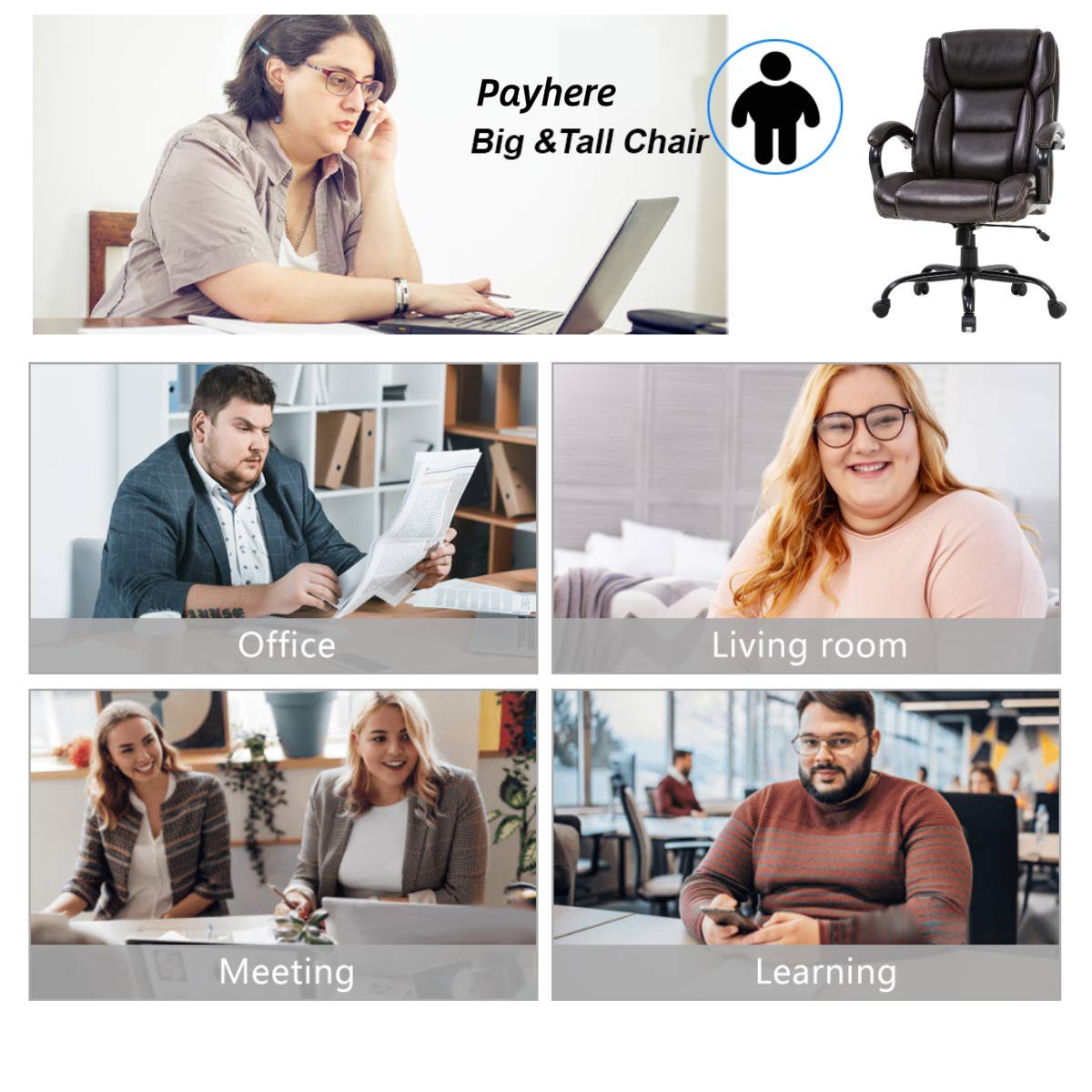 Heavy Duty Big and Tall Executive Office Chair - 500lbs Capacity Wide Seat PU Leather Swivel Rolling Computer Chair with High Back & Lumbar Support - Ergonomic Desk Chair for Home Office (Black-Brown) - Perfect for Long Work Hours and Comfortable Workspaces