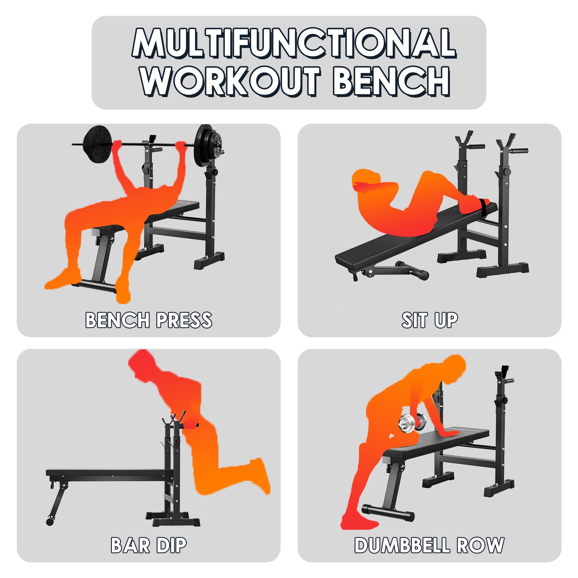 Sandinrayli Adjustable Weight Bench for Home Gym - Foldable Bench Press with Barbell Rack, Full Body Workout Equipment for Strength Training | Perfect for Small Spaces & Home Fitness Routines