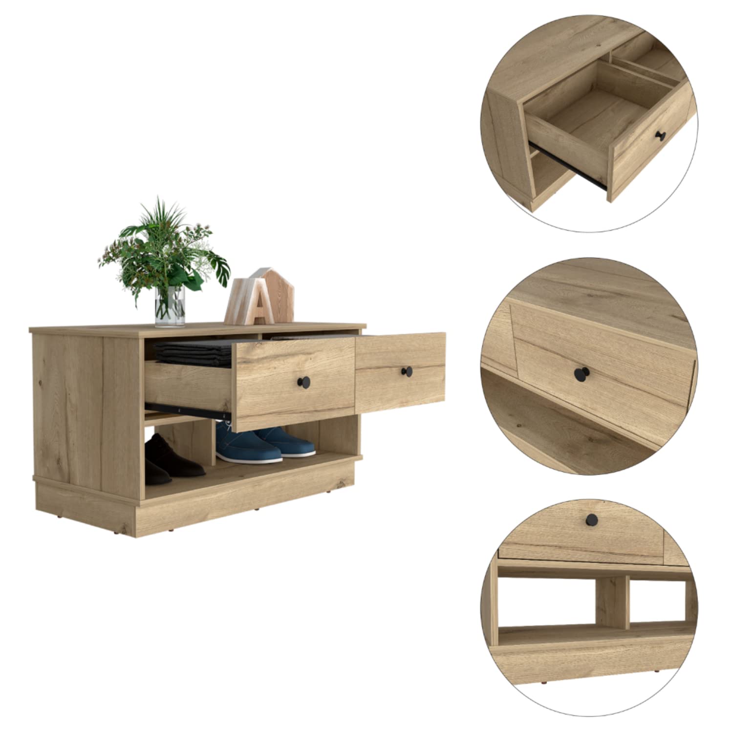 Uranus Storage Bench with 2 Drawers & 2 Open Shelves - Light Oak Wooden Entryway Bench for Hallway, Bedroom, or Living Room Organization