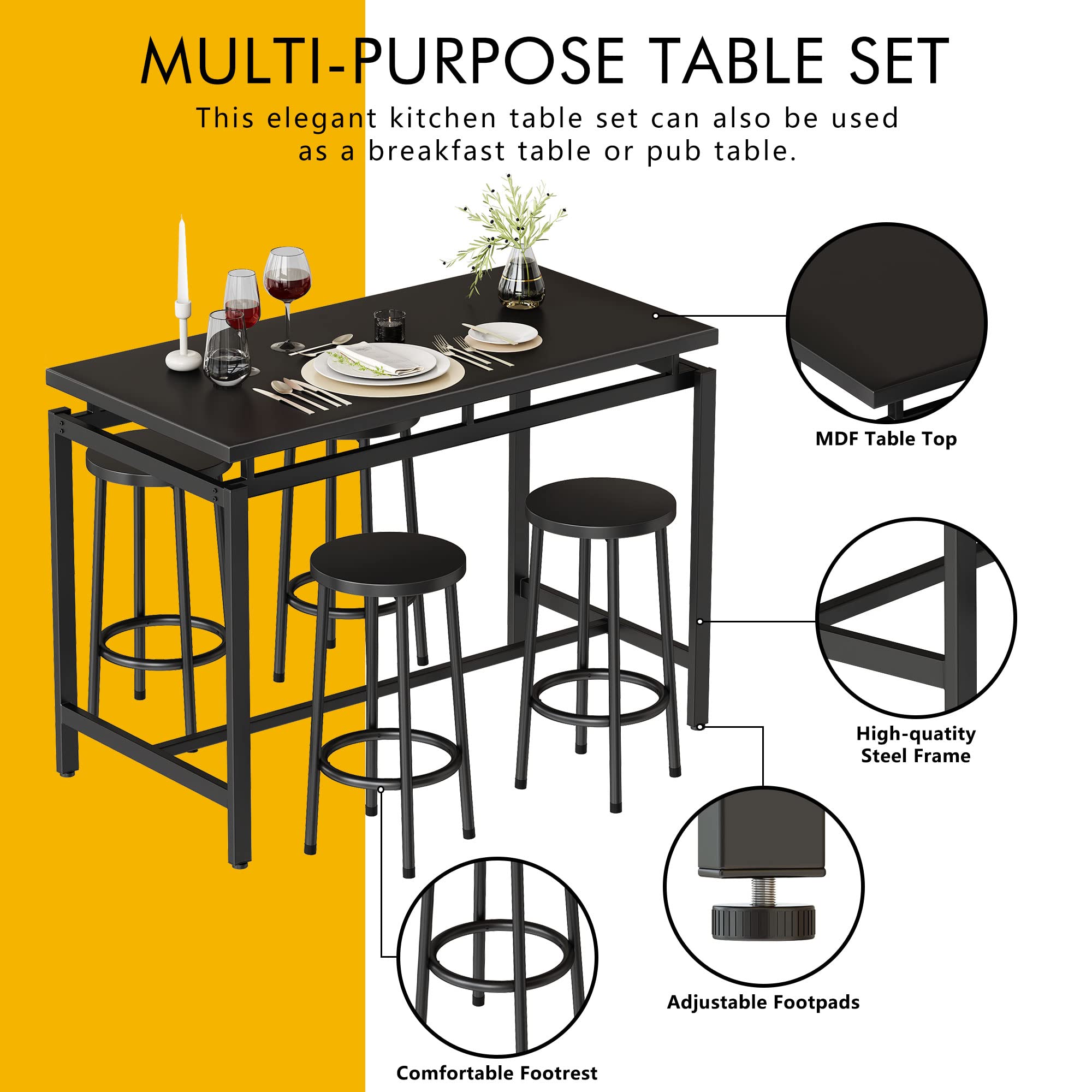 Hooseng 5-Piece Industrial Dining Table Set with 4 Stools, 35.4