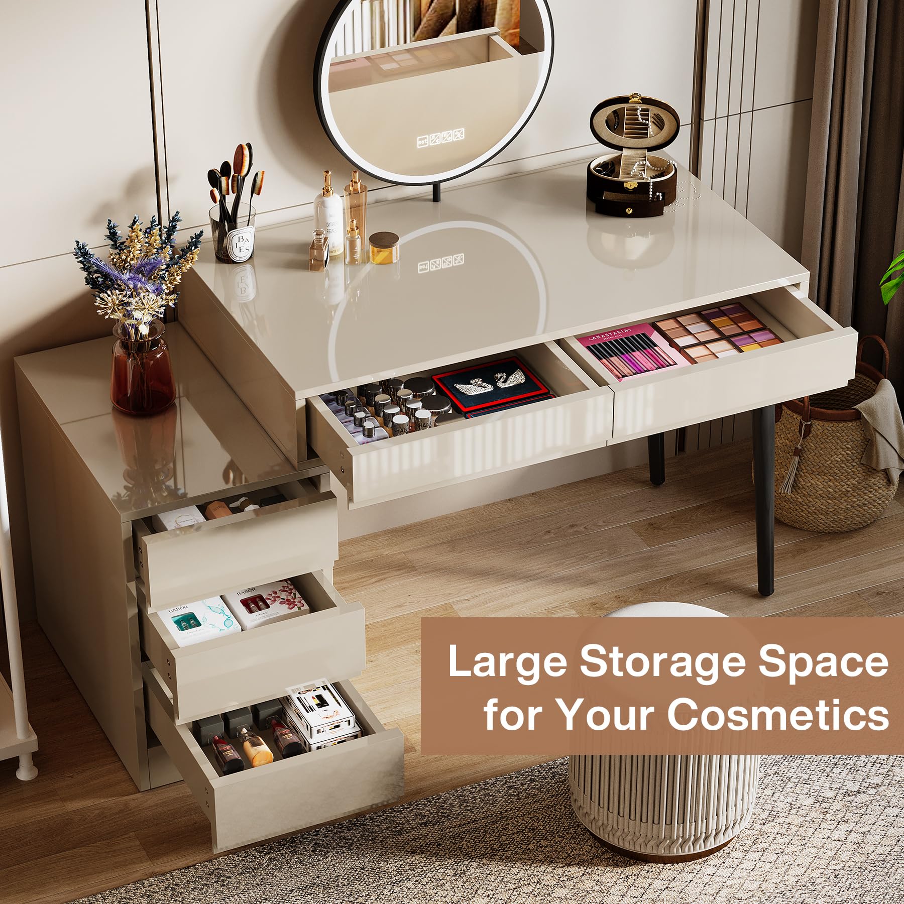 Tribesigns 5-Drawer Vanity Desk with Reversible Cabinet - High Gloss Makeup Table & Computer Desk for Bedroom or Office, Beige (No Mirror) - Perfect for Cosmetics Storage, Workstation & Home Office Organization