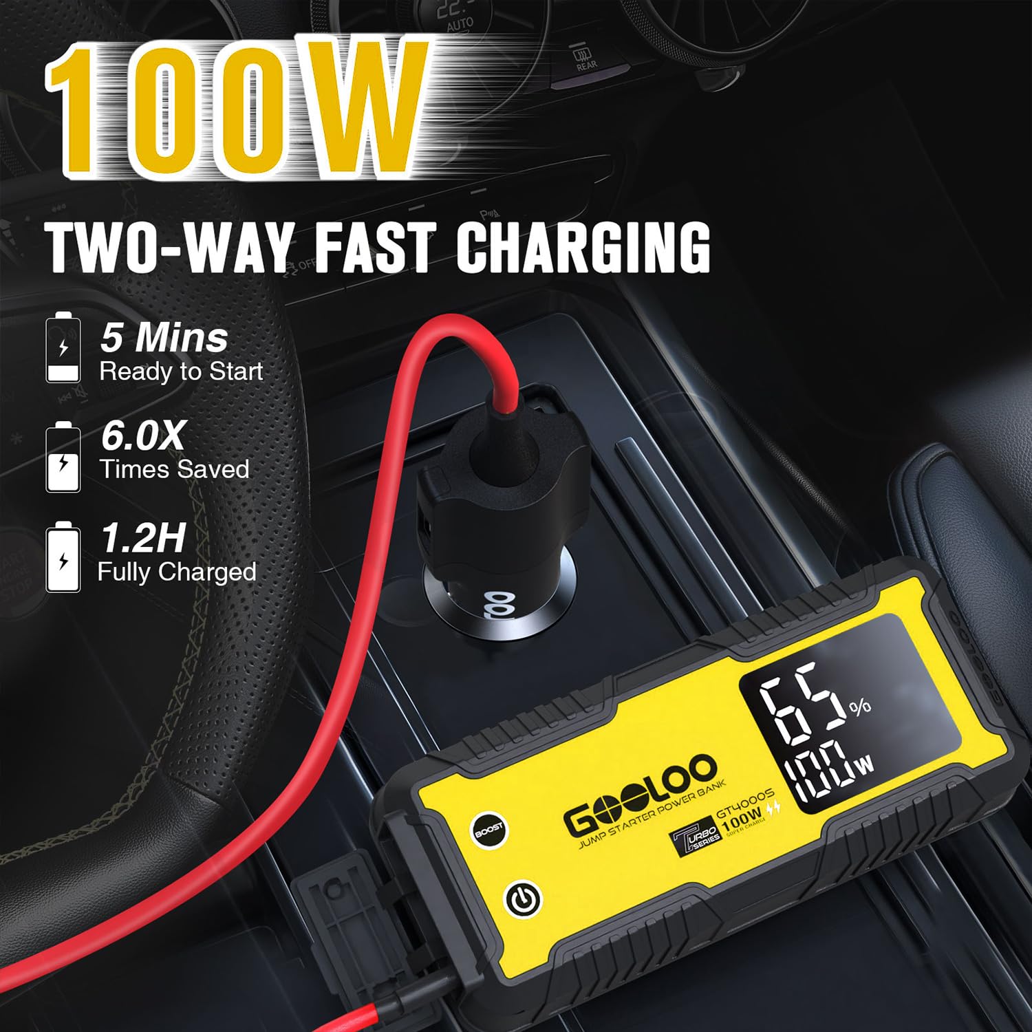 GOOLOO GT4000S 4000A Peak Jump Starter for Cars, Trucks & SUVs (Works with 10L Diesel/12L Gas Engines) - 100W Fast-Charging Portable Lithium Battery Booster, SuperSafe 12V Vehicle Power Bank & Emergency Charger - Perfect for Roadside Emergencies, Camping & Outdoor Adventures (Yellow)