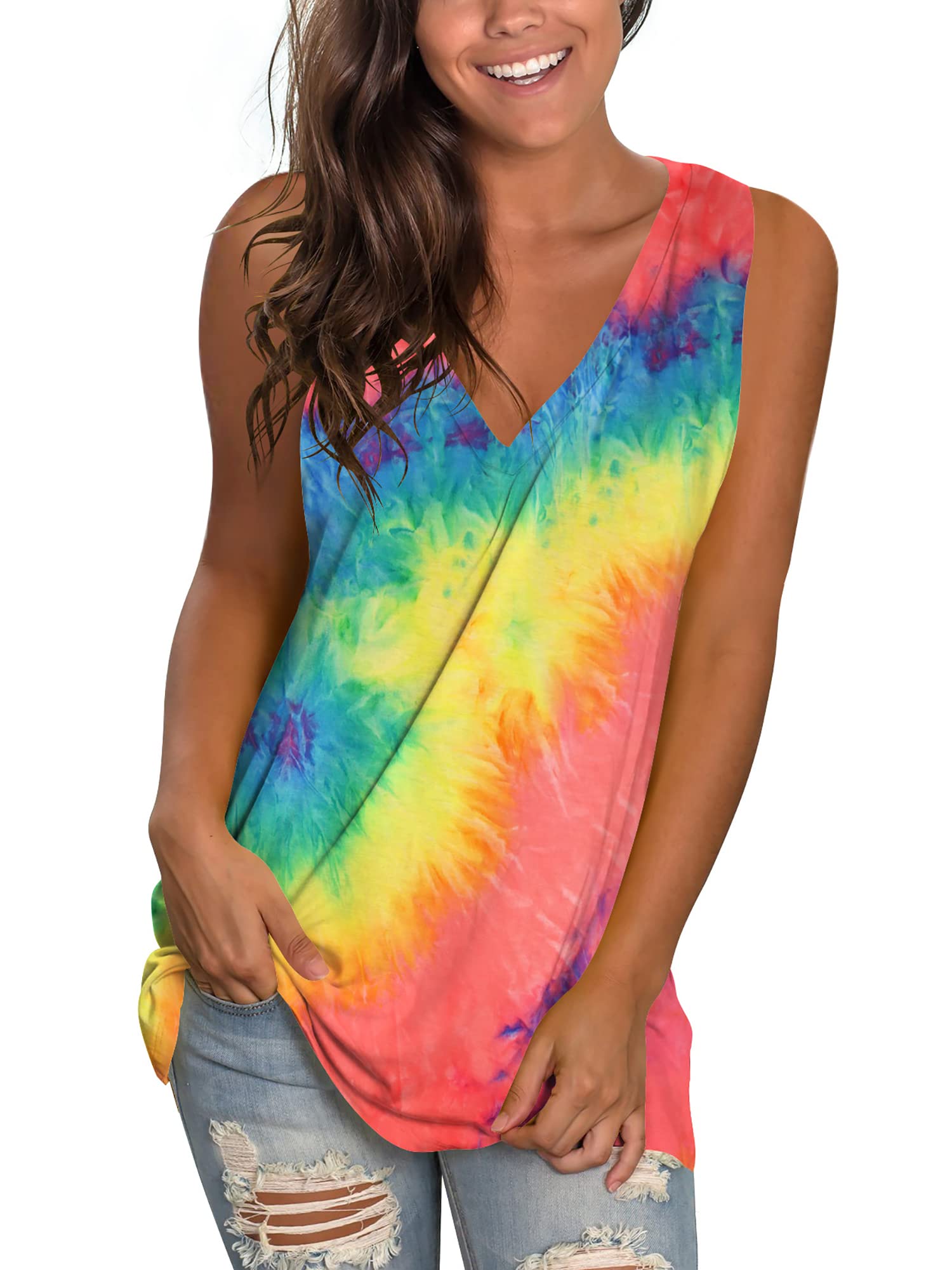 SAMPEEL Women's Floral V-Neck Sleeveless Tank Tops with Side Split - Casual Summer T-Shirts for Outfits, Beach, Yoga & Layering