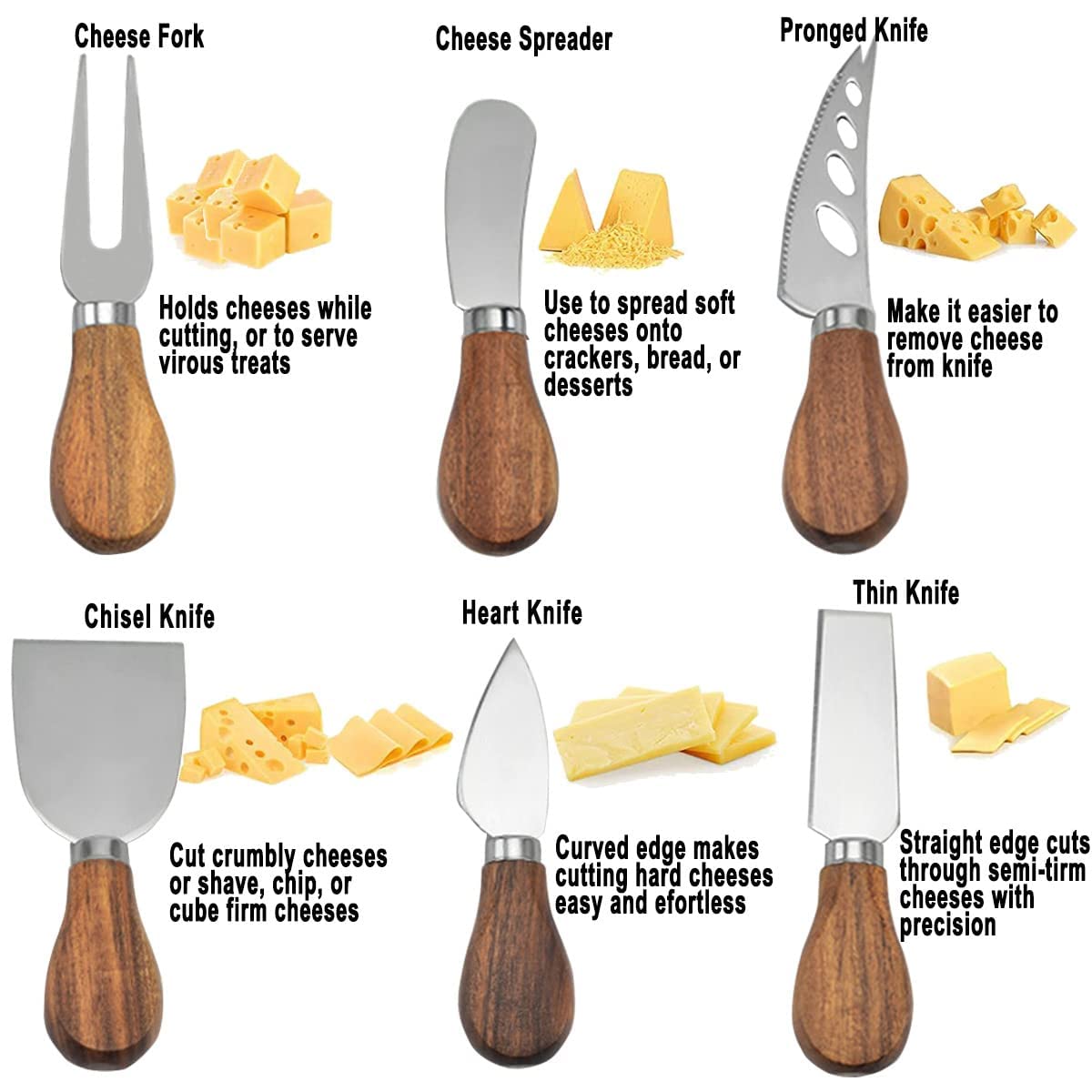6-Piece Acacia Wood Cheese Knife Set with Stainless Steel Blades - Cheese Slicer, Fork & Spreader for Cheese, Butter, Pizza & Cake - Perfect for Entertaining, Charcuterie Boards & Gift Giving