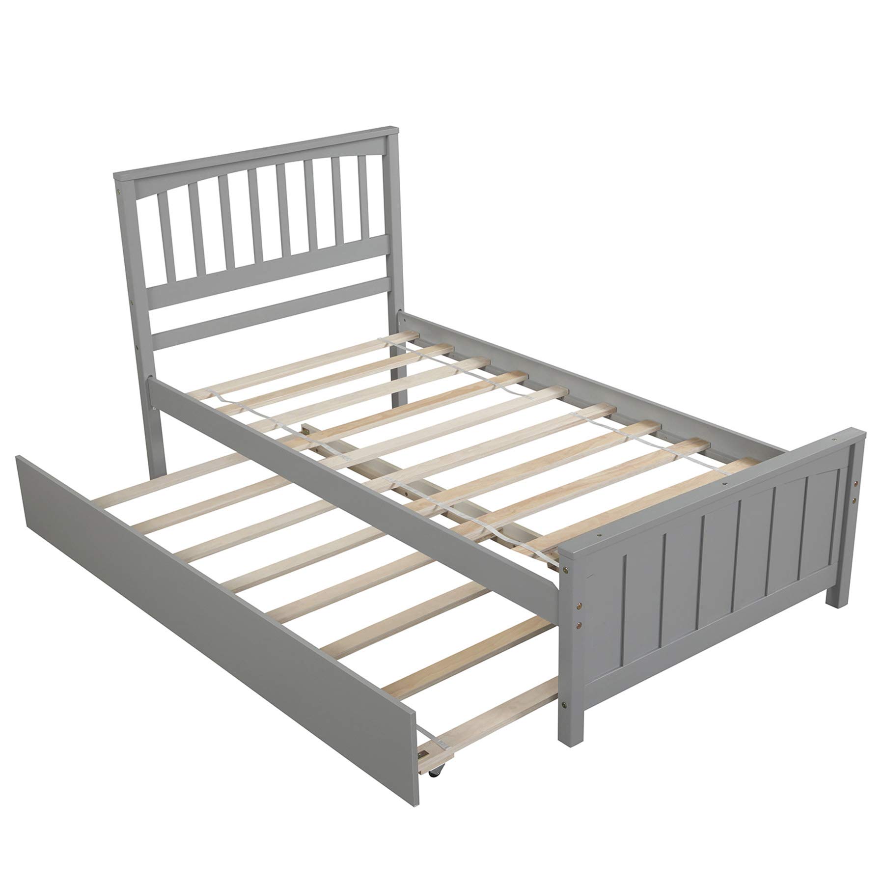P PURLOVE Twin Size Wood Platform Bed Frame with Trundle - No Box Spring Needed, Gray - Perfect for Kids Rooms, Guest Beds & Small Spaces