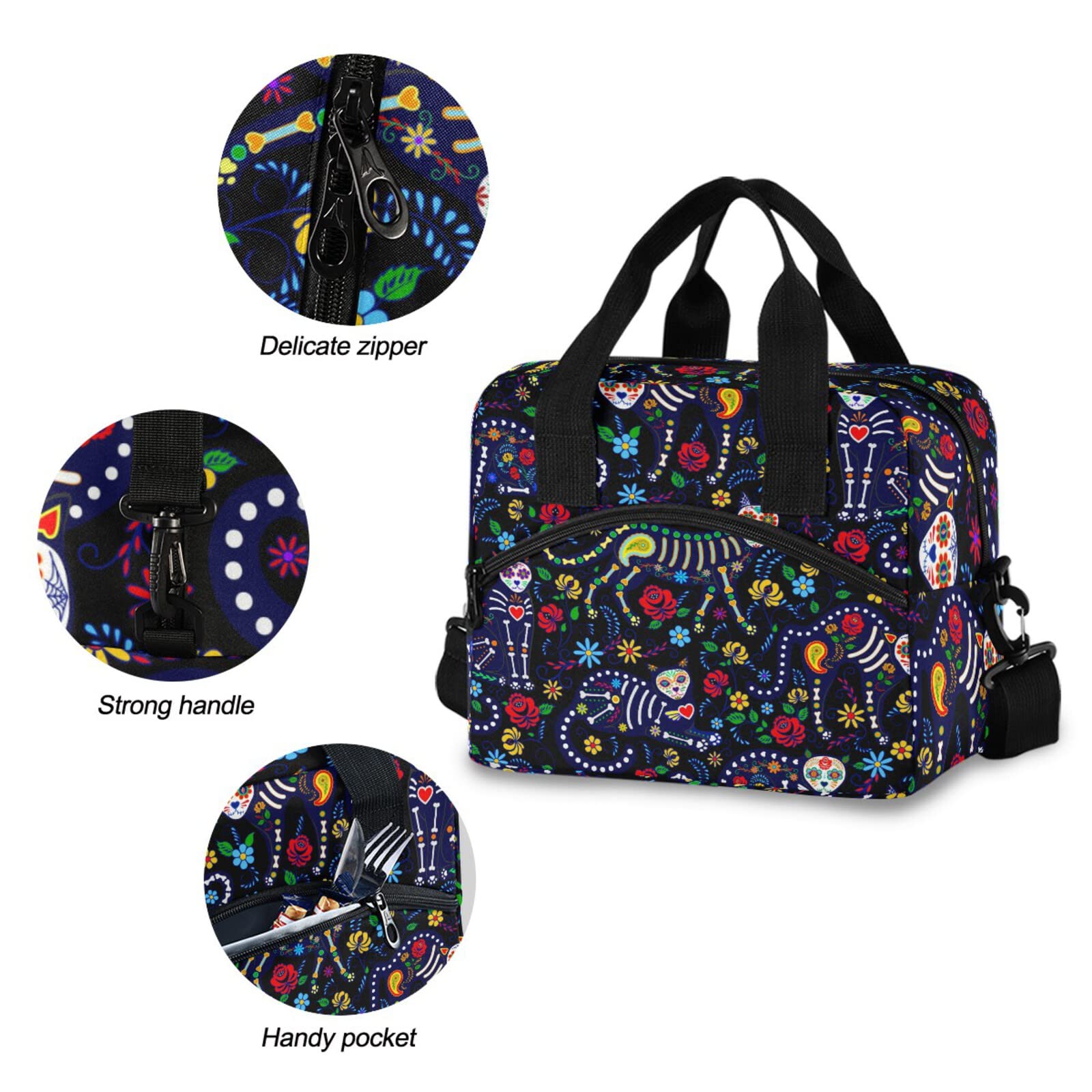 **Insulated Reusable Lunch Bag with Adjustable Shoulder Strap - Leakproof Cooler Tote for Work, School, Picnic & Camping - Cats & Sugar Skull Design for Men & Women**    *(Perfect for Office Meals, Outdoor Adventures, and Daily Commute - Keep Food Fresh & Stylish!)*