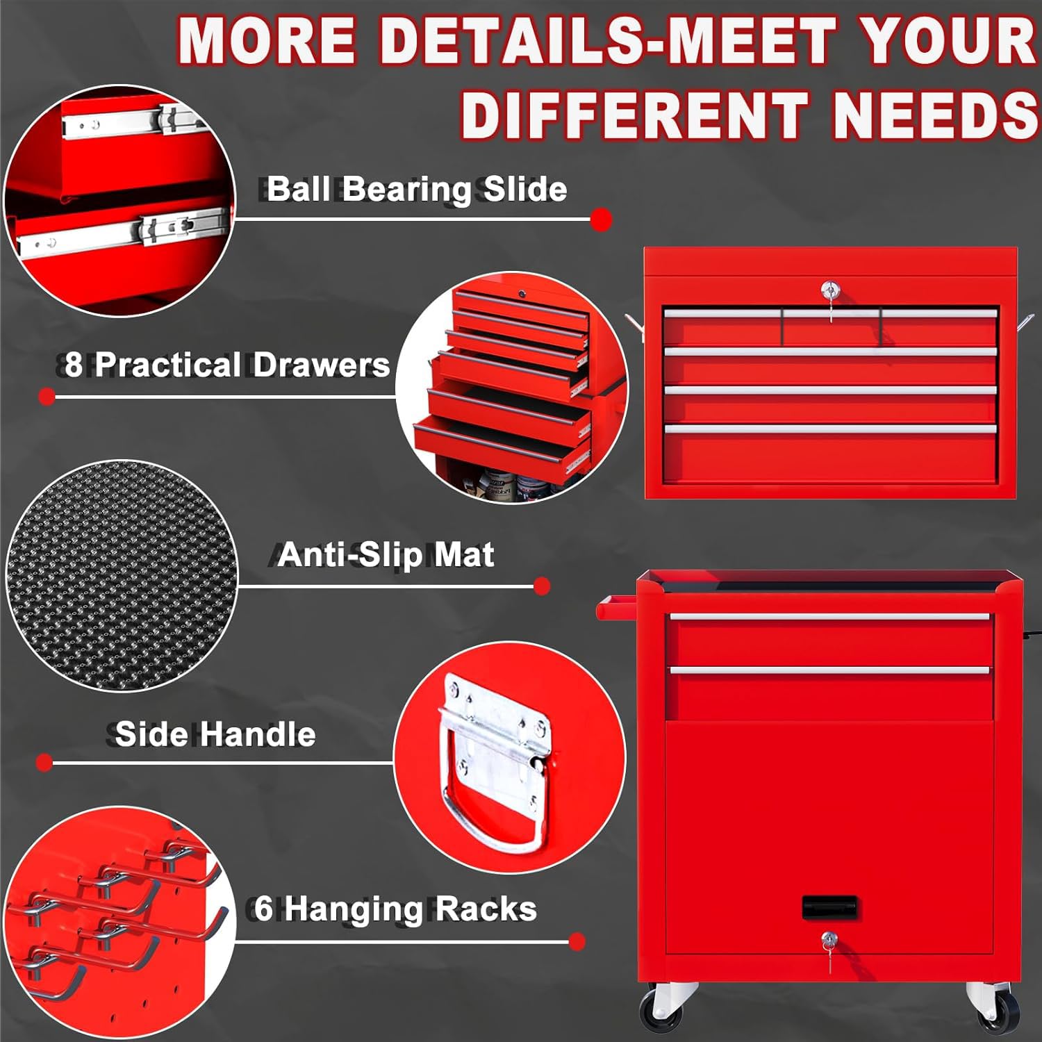 8-Drawer Rolling Tool Chest - Heavy Duty 2-in-1 Tool Box Organizer with Lockable Wheels & Sliding Drawers, Detachable Top for Garage Workshop Storage Cabinet (Red) - Perfect for Mechanics, DIY Enthusiasts & Professional Tool Organization
